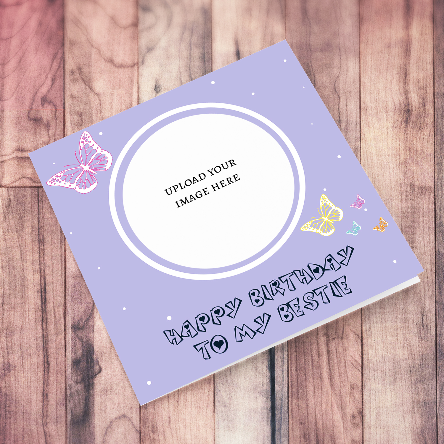 A cute photo birthday card for your bestie in a light purple background with colourful butterflies in English