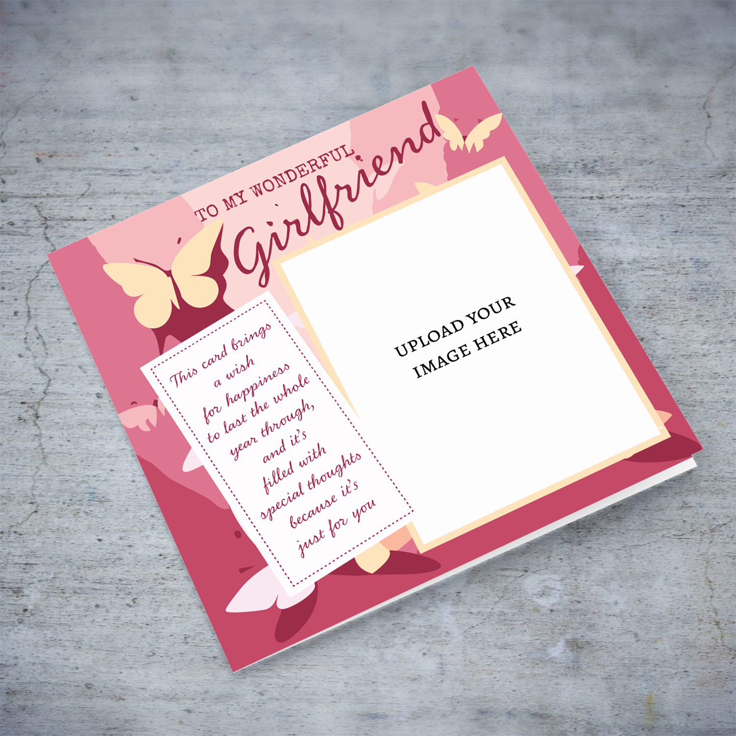 Photo birthday card for Girlfriend with a special message, in pink tones butterfly background (English)