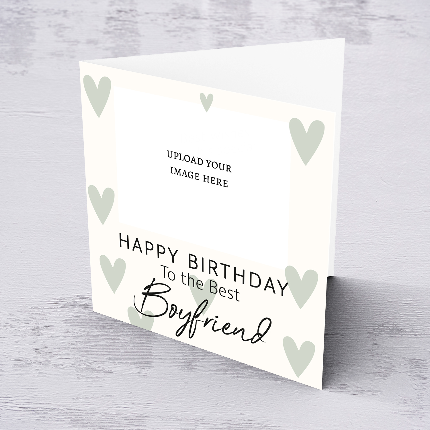 A minimalist photo birthday card for boyfriend, in cream background and scattered pastel green hearts in English