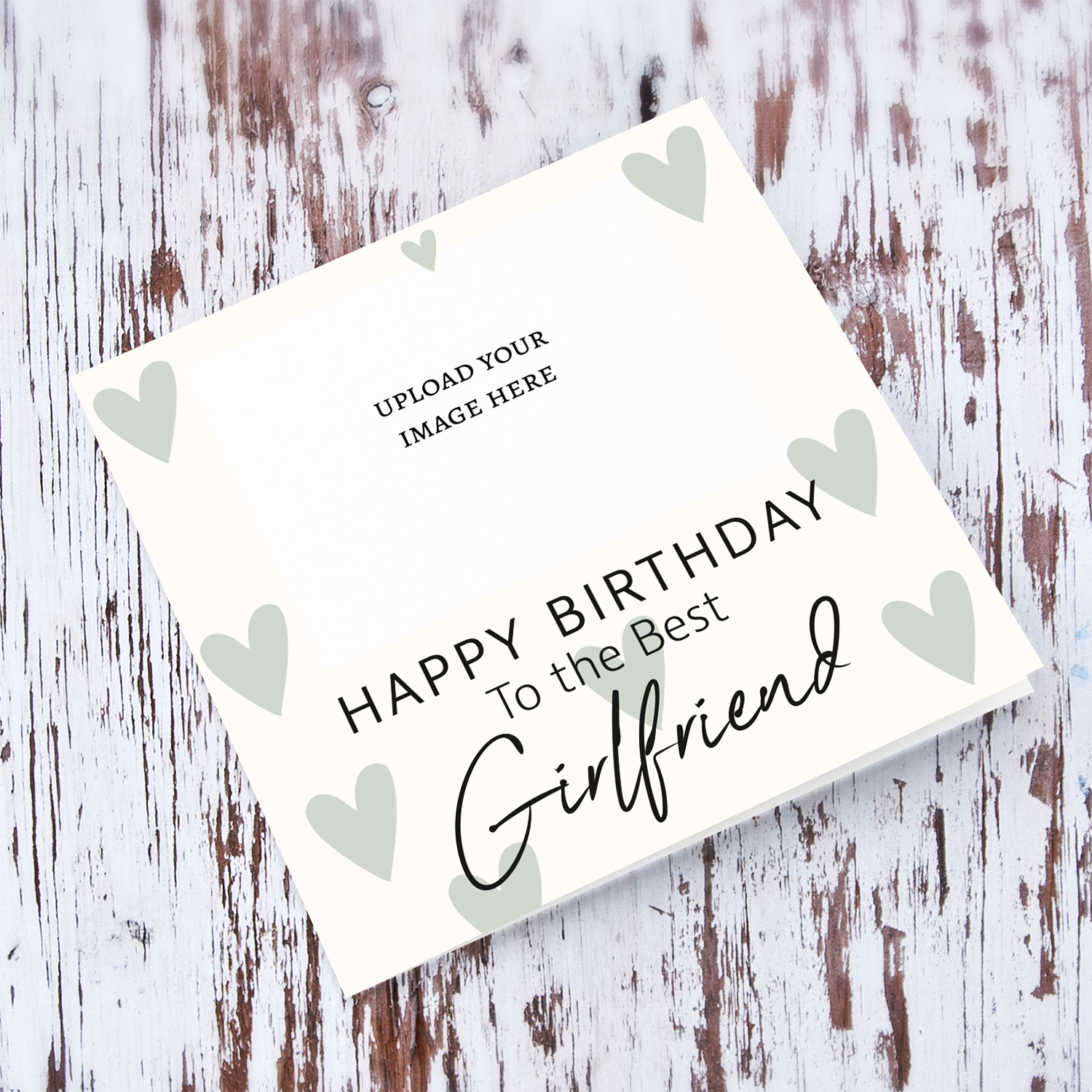 A minimalist photo birthday card for girlfriend, in cream background and scattered pastel green hearts in English
