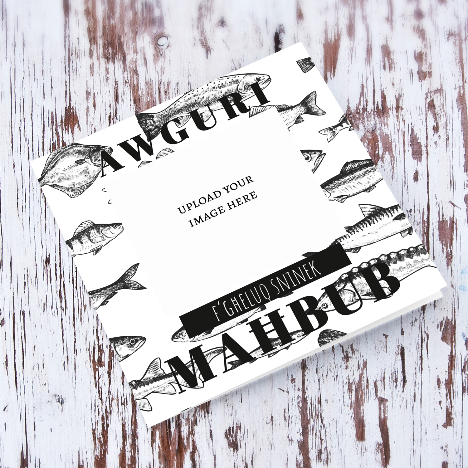 A monochrome fish themed birthday card for a loved one (Male) in Maltese