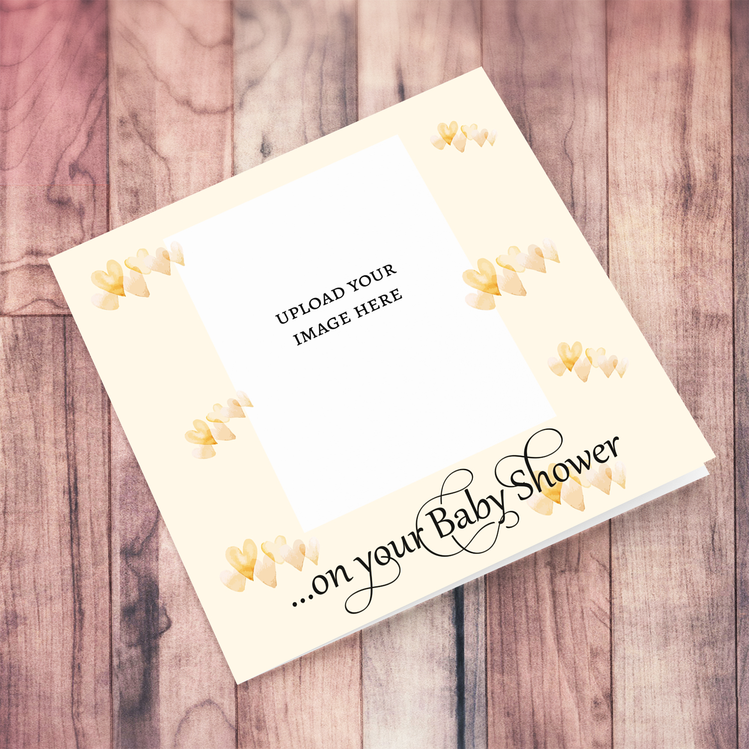Neutral Baby Shower photo card with scattered hearts in English
