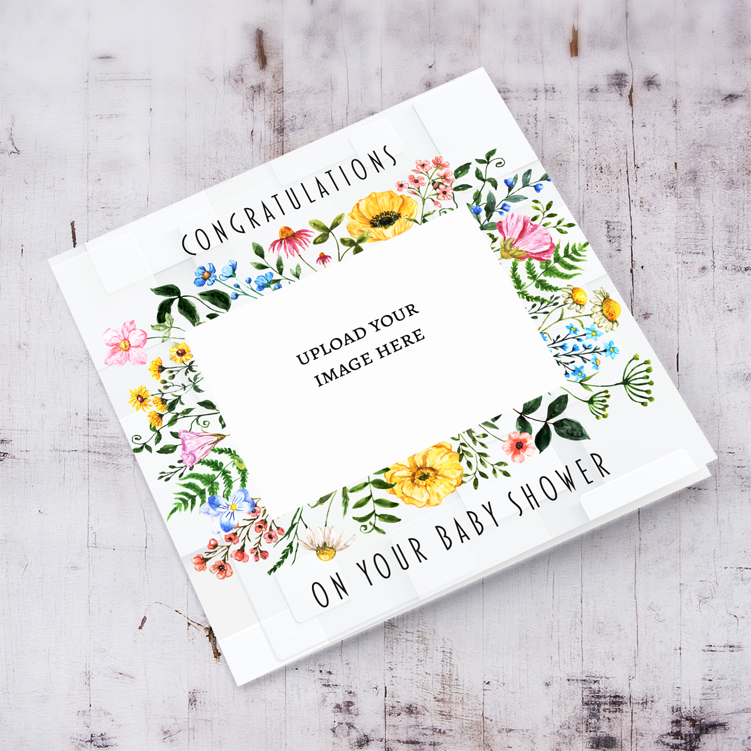 Floral border photo baby shower card in English
