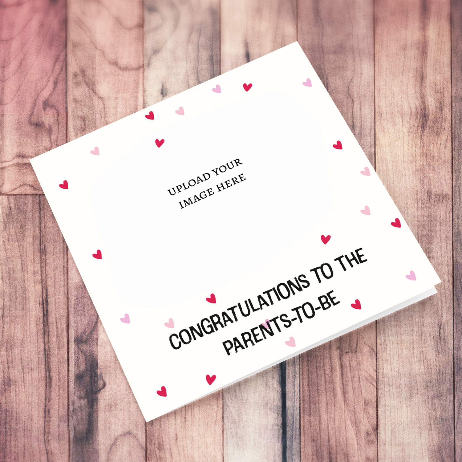 Congratulations to the parents to be in a cream background and pink scattered hearts for Baby Shower / Gender Reveal in English