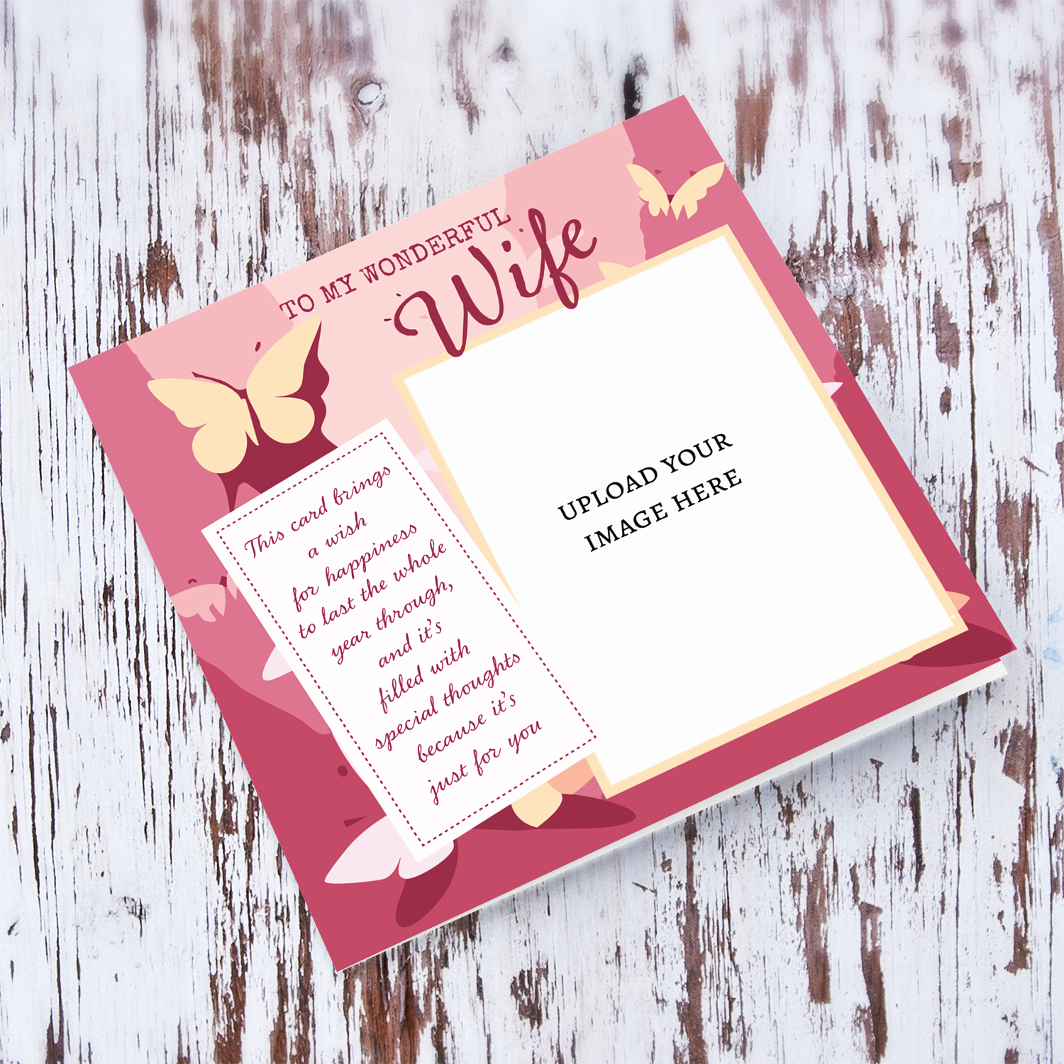 Photo birthday card for Wife with a special message, in pink tones butterfly background (English)