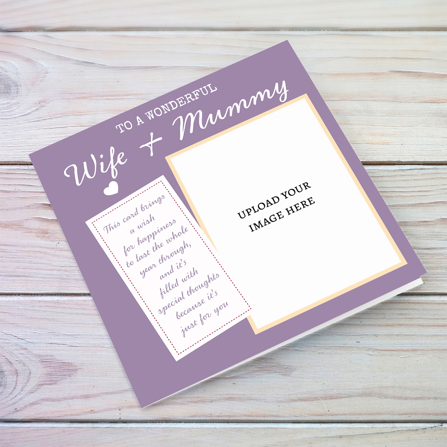 Photo birthday card for Wife & Mummy with a special message, in purple background (English)