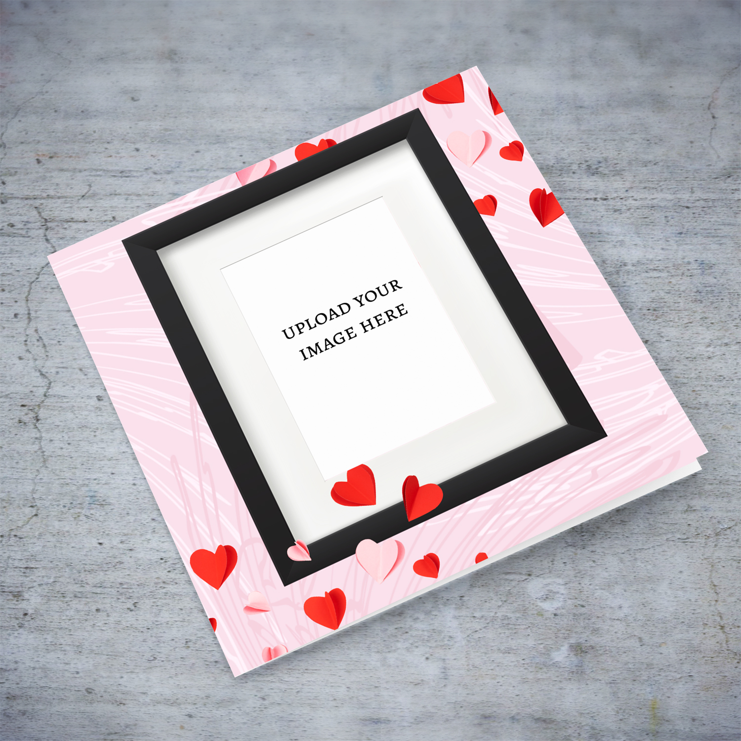 Photo frame themed card for any occasion with pink background and red hearts (Blank)