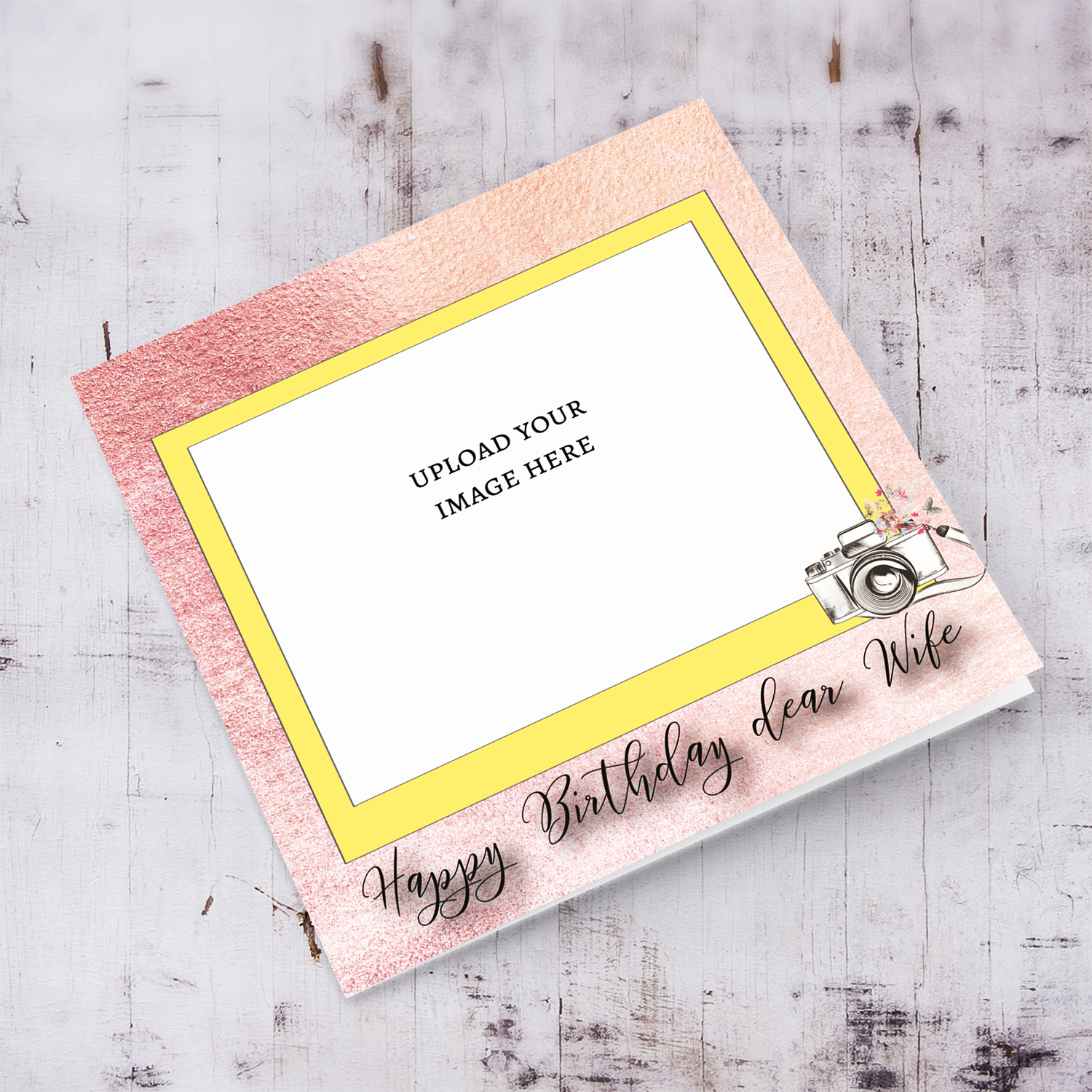 Photo birthday card for Wife in pink background and yellow photo frame in English