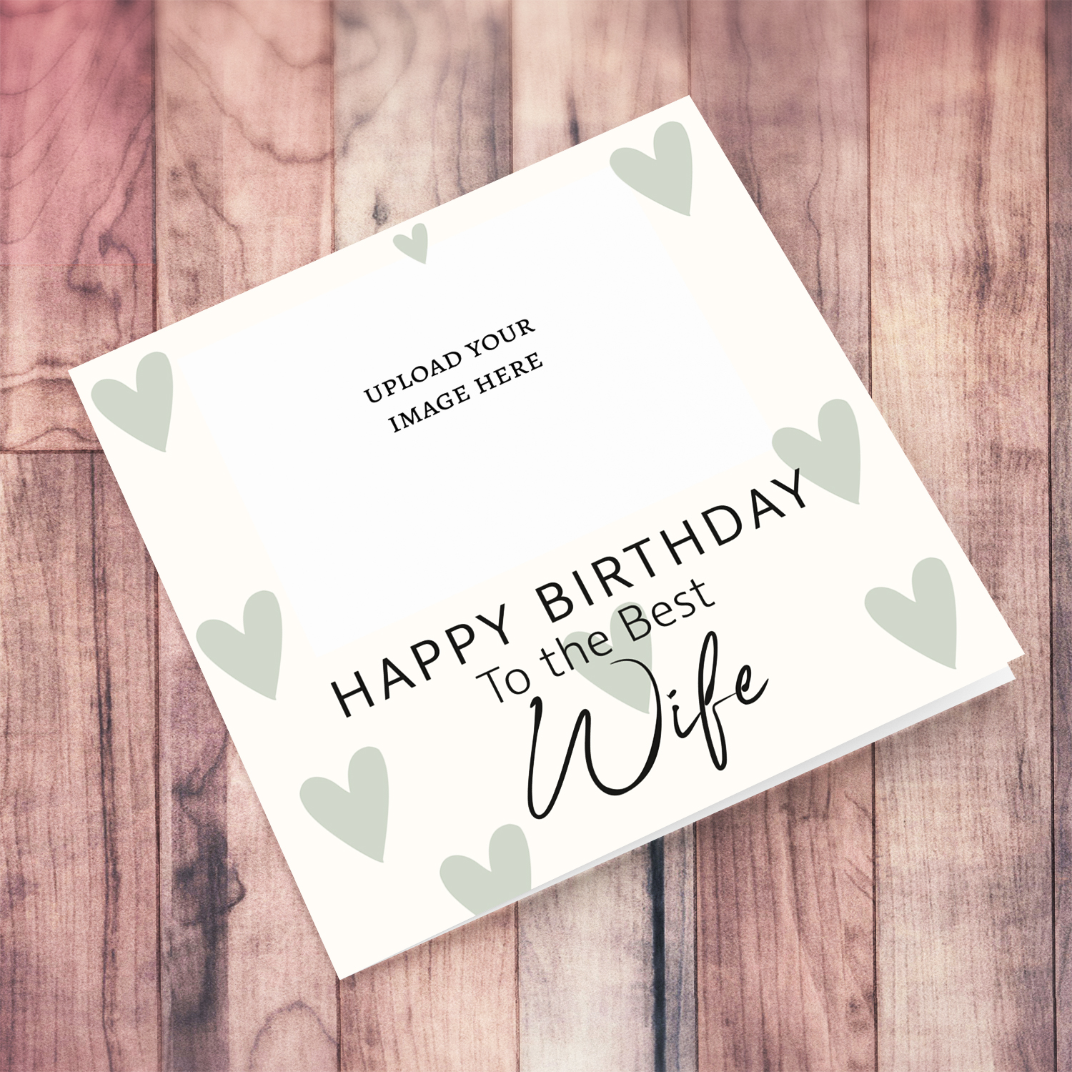 A minimalist photo birthday card for wife, in cream background and scattered pastel green hearts in English