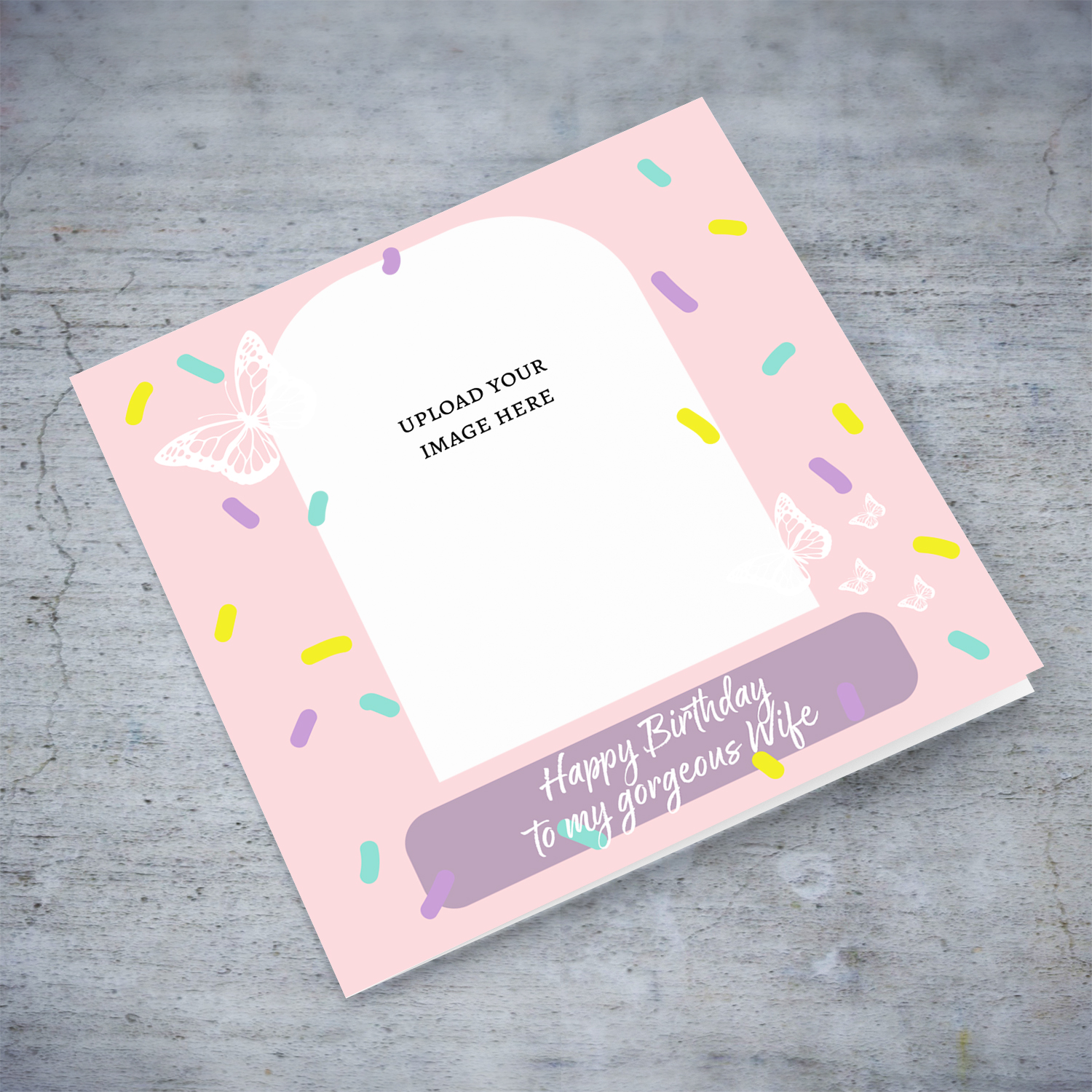 A beautiful photo birthday card for WIFE, in pink background, colourful confetti and scattered white butterflies in English