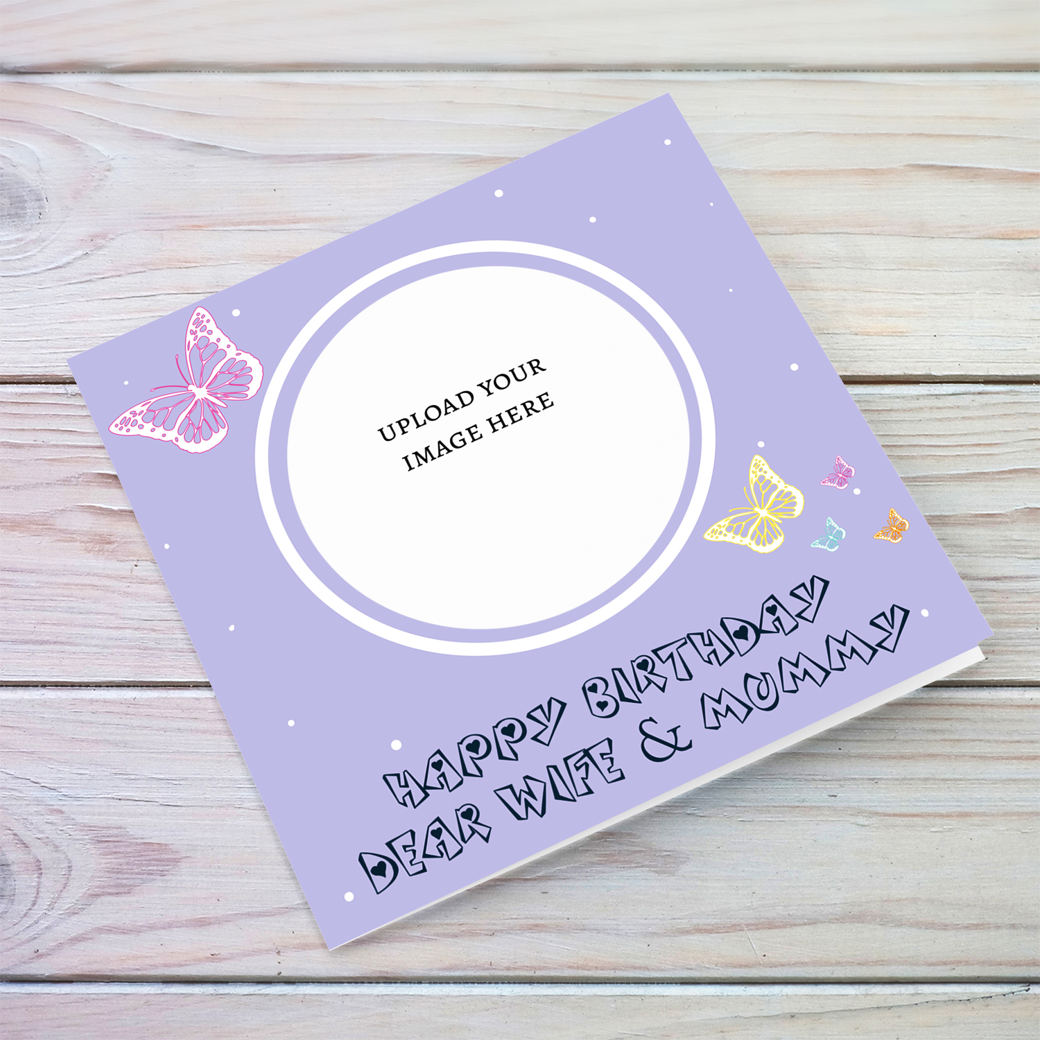 A cute photo birthday card for Wife & Mummy in a light purple background with colourful butterflies in English