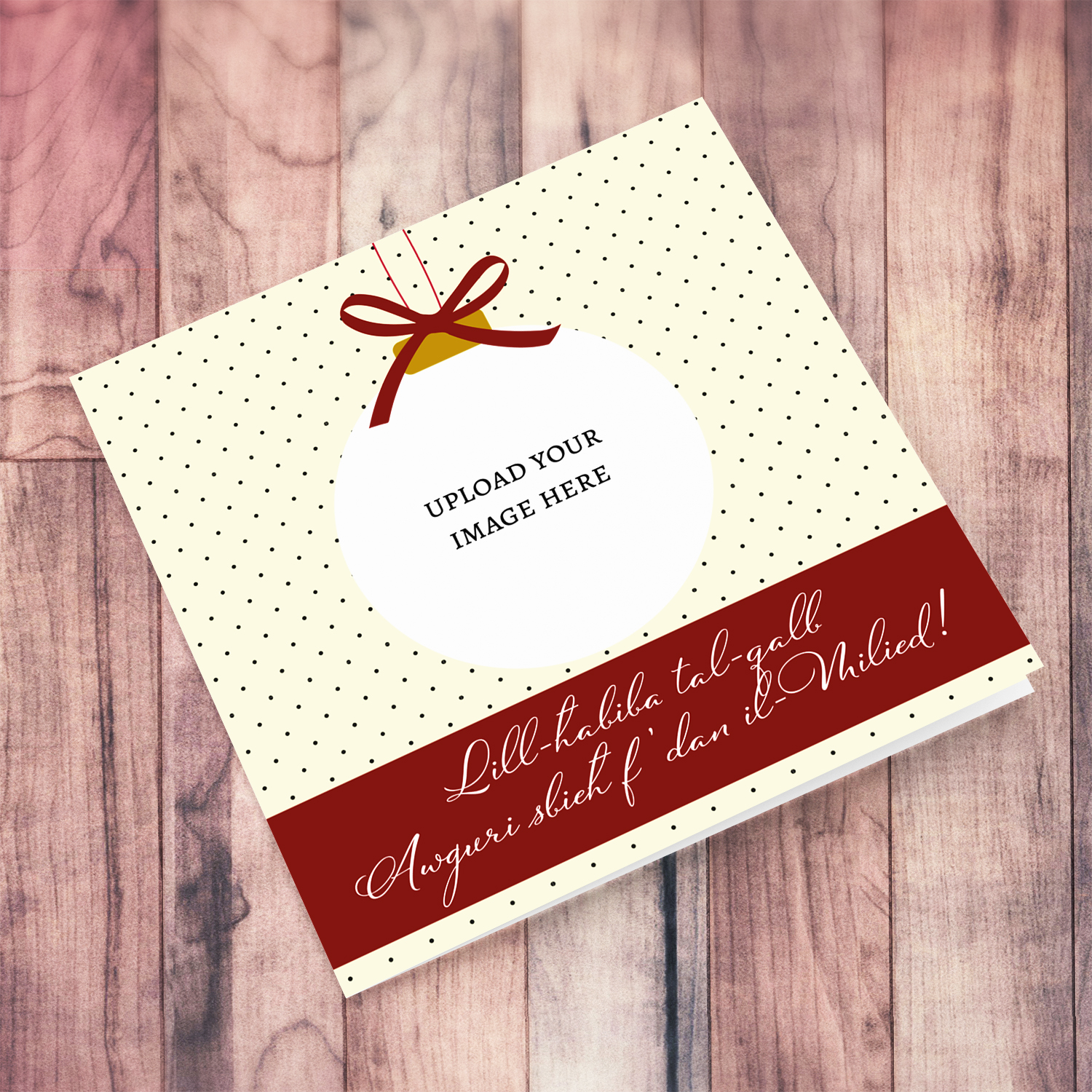 Bauble themed Christmas for bestie in cream and spotted background and dark red sash with white text in Maltese