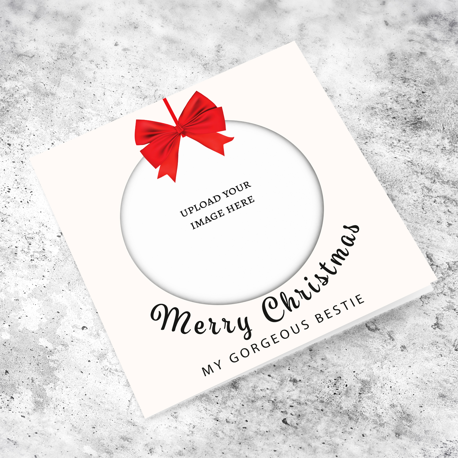 A beautiful minimalist photo card  for bestie, in bauble shape with bright red bow in English 