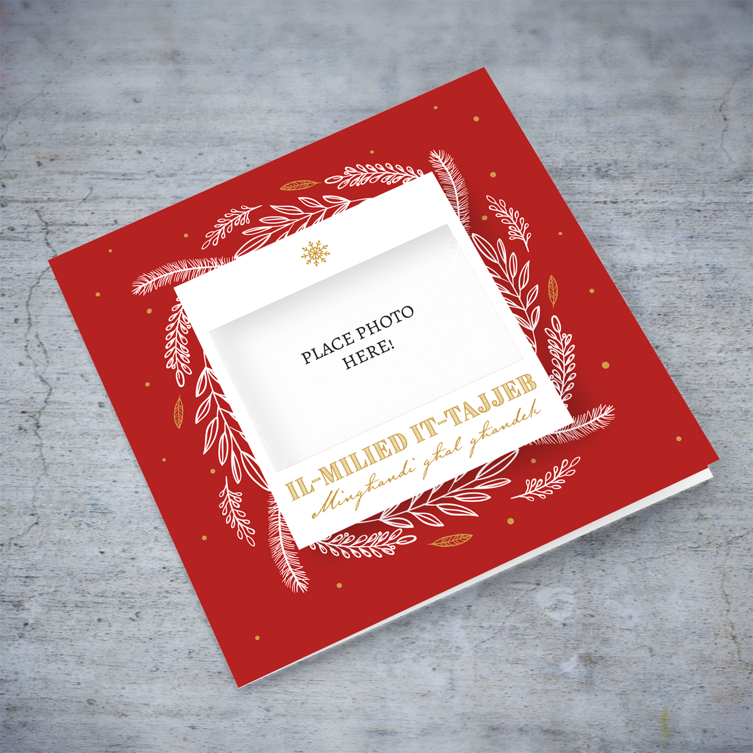 Christmas card in Red background and white leaves - happy Christmas from me to you in Maltese