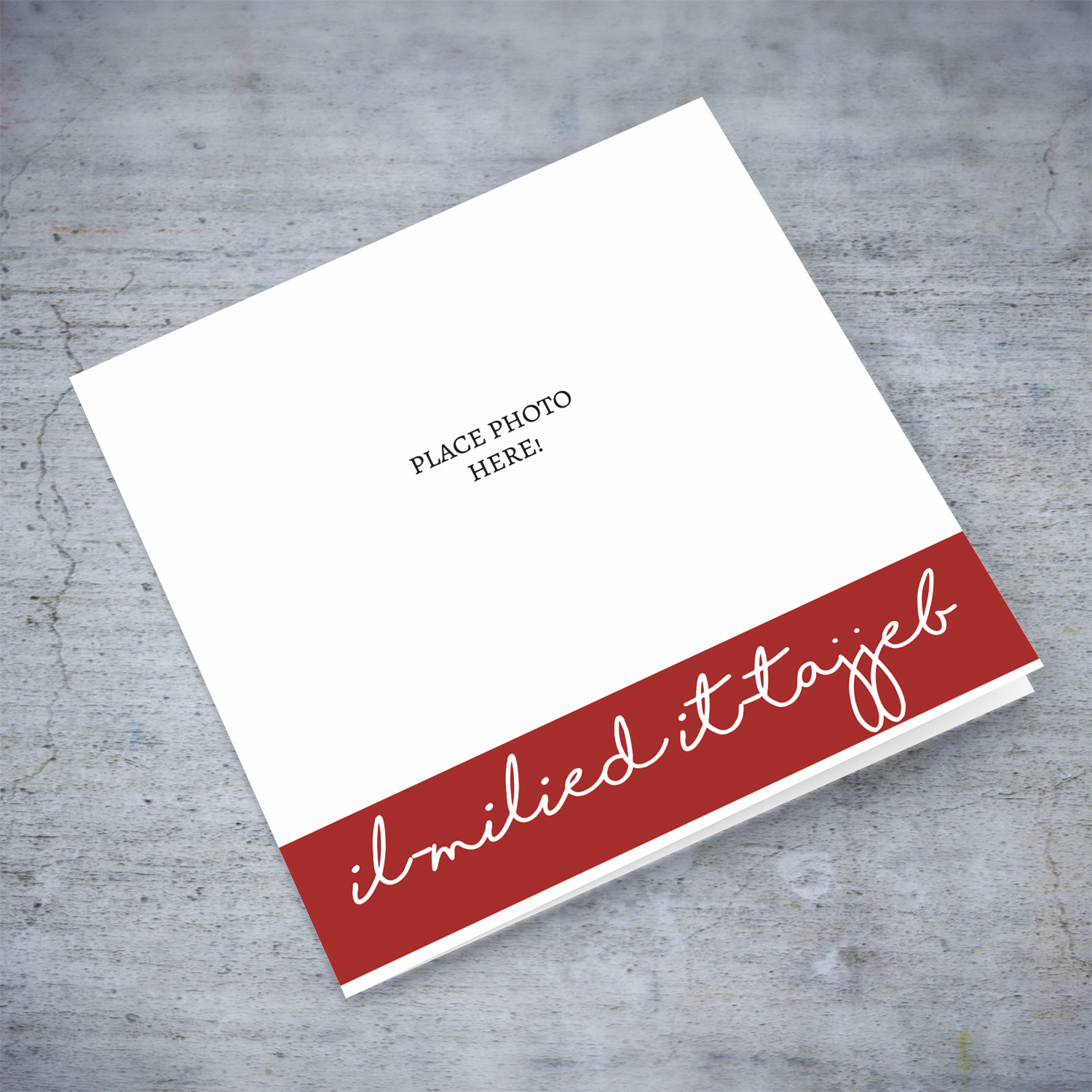 Open photo Christmas card with red banner and white text in Maltese