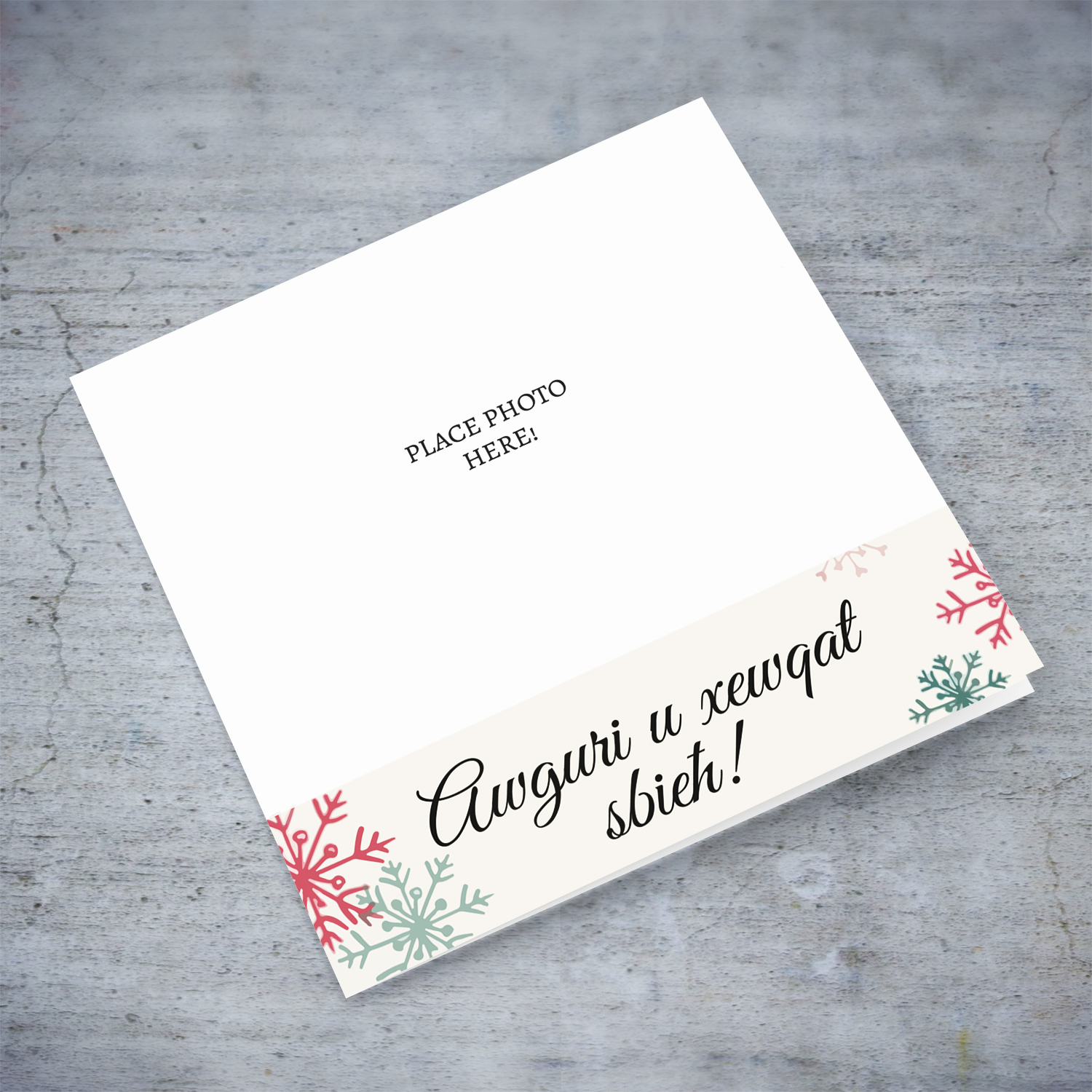 Awguri u xewqat sbieħ landscape photo card in cream background and coloured snowflakes in Maltese