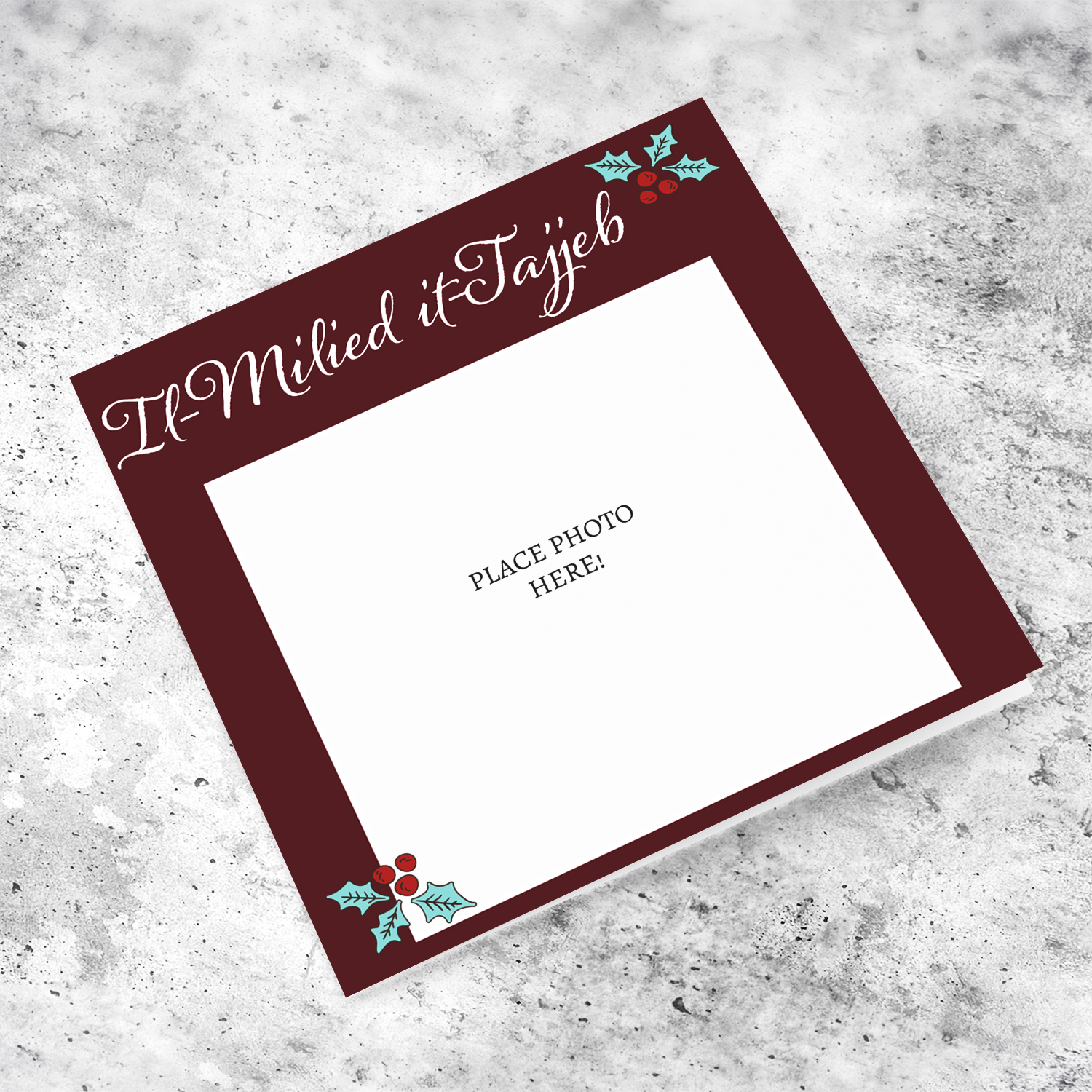 Dark red background Christmas photo card in Maltese