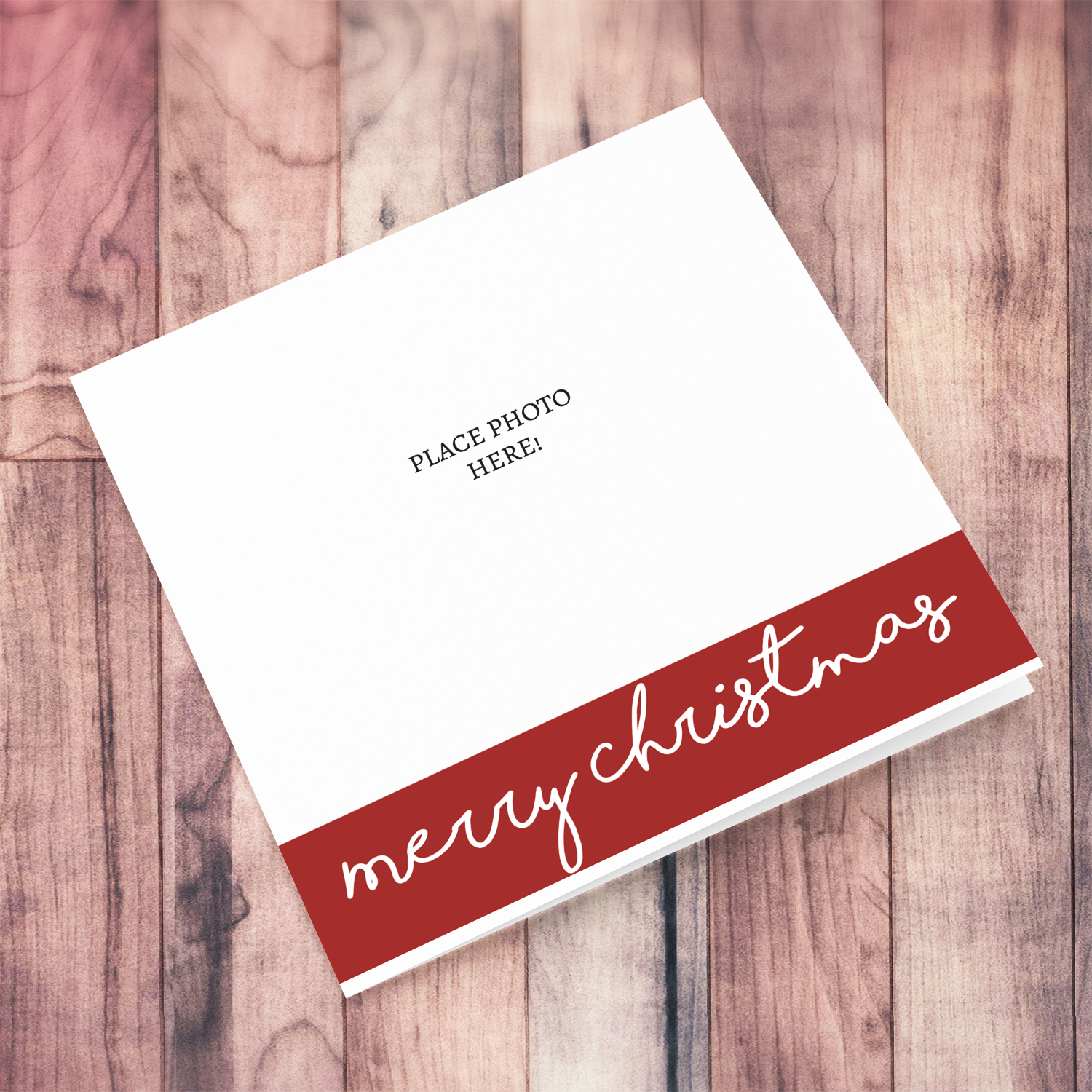 Open photo Christmas card with red banner and white text in English