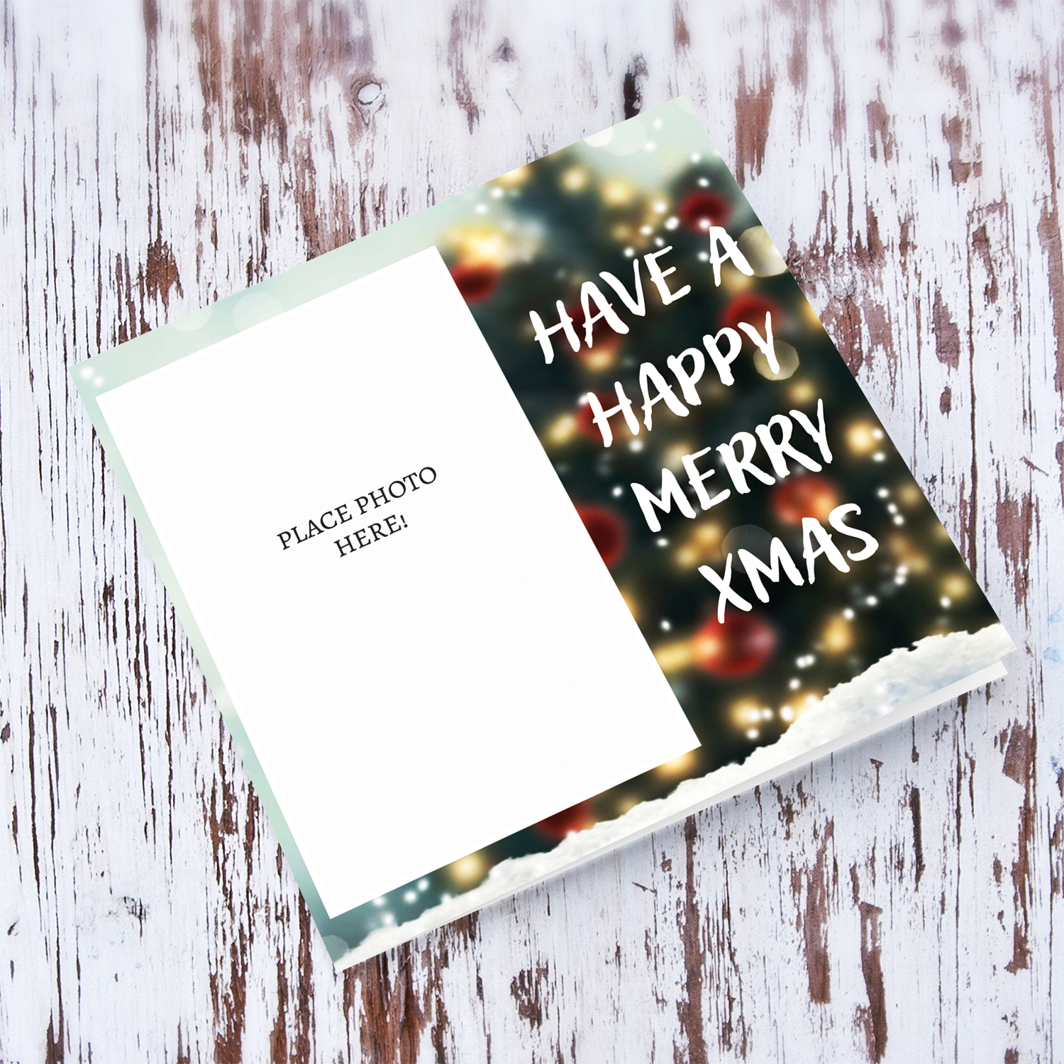 Open photo Christmas card with a Xmas tree background in English