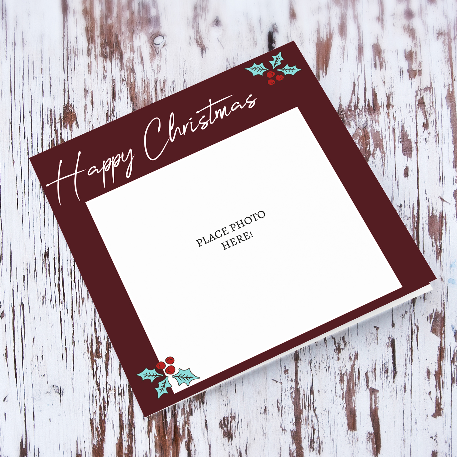 Dark red background open Christmas photo card with Christmas hollies in English