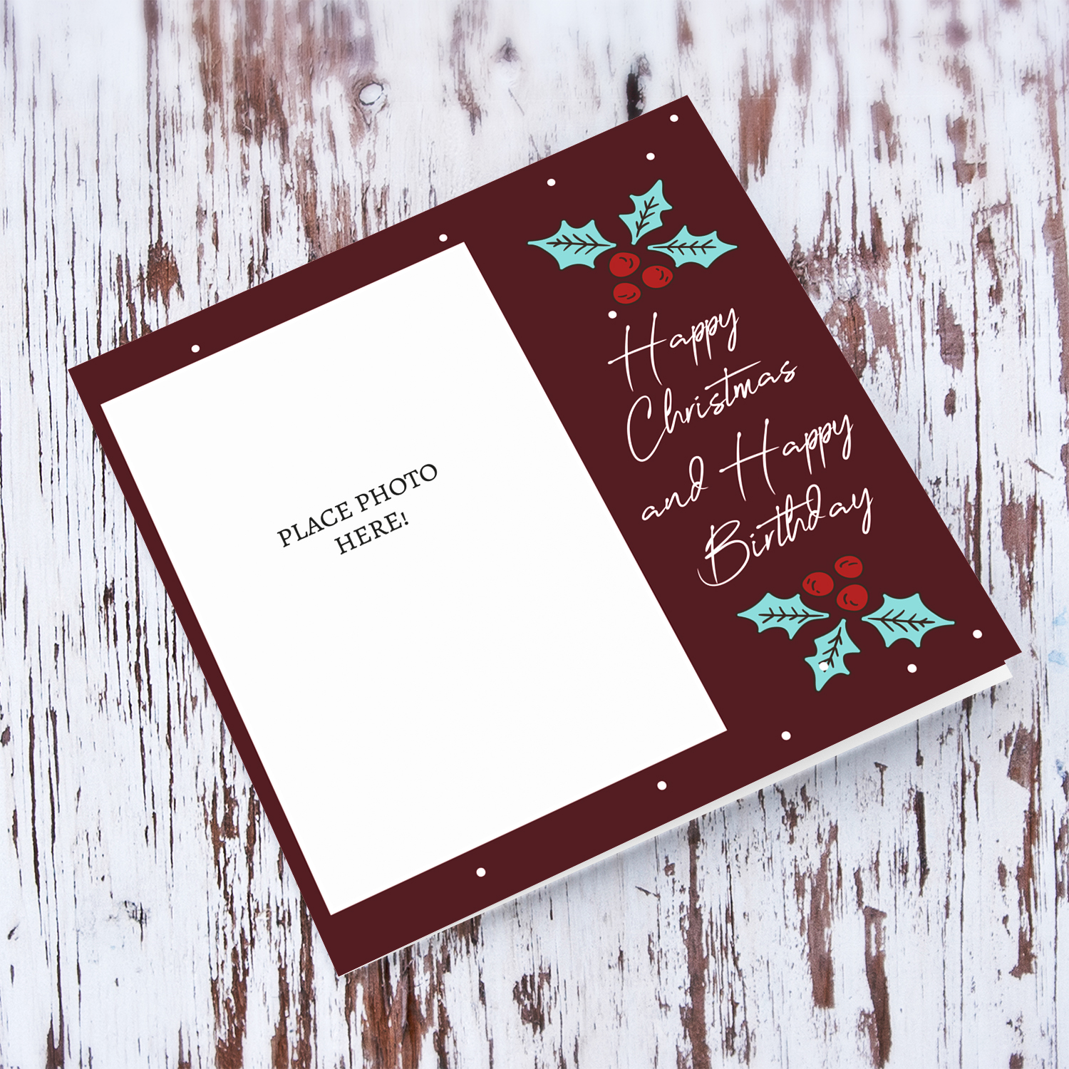 2 in 1 Card - Christmas and Birthday card with red background, white text and Xmas Hollies in English