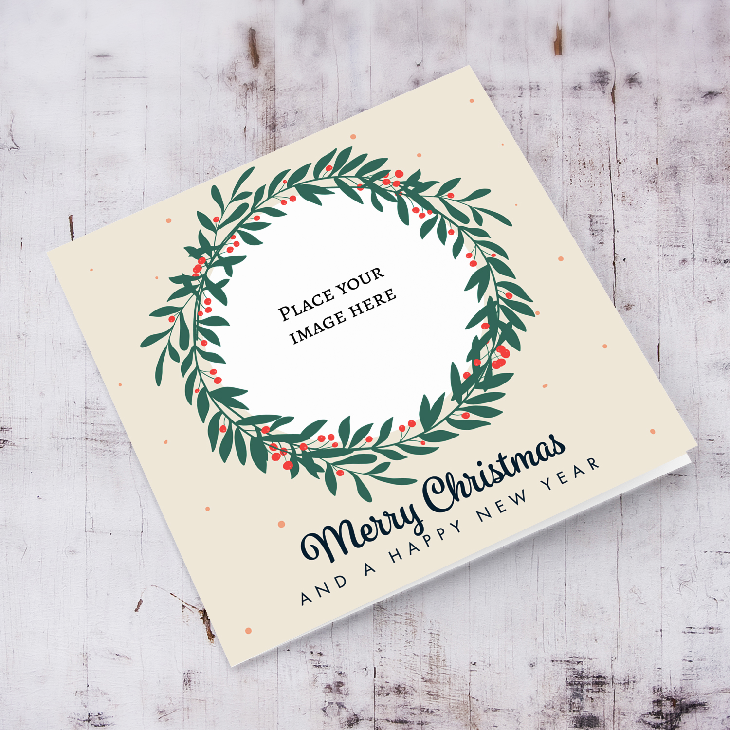 Open Christmas wreath themed photo card for in English