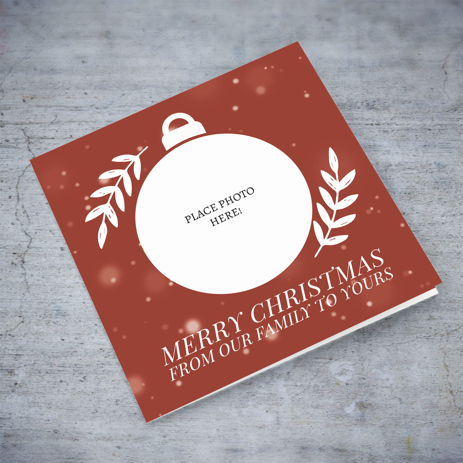 Christmas bauble themed photo card from our family to yours in English