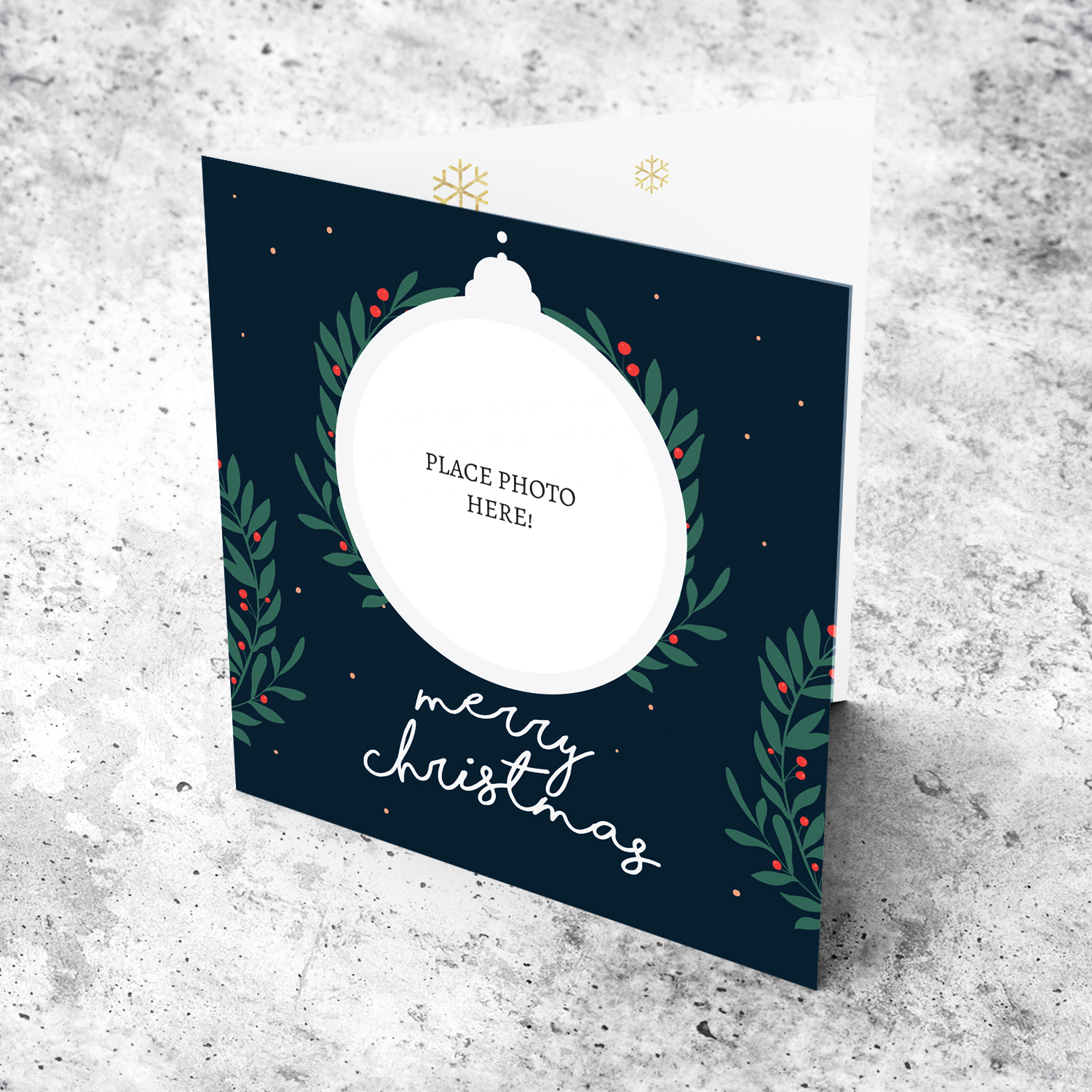 Open Christmas card in Dark blue background with green wreaths in English