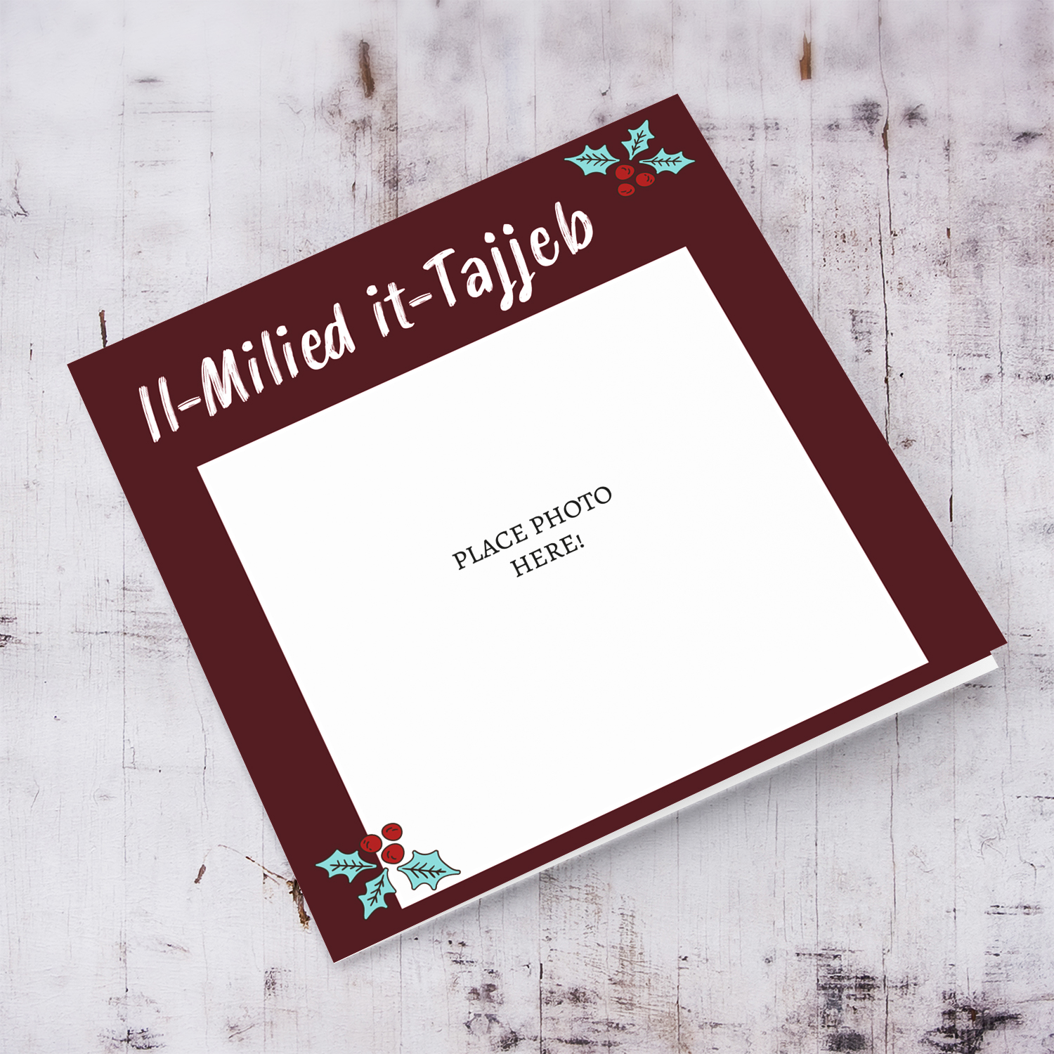 Dark red background open Christmas photo card with Christmas hollies in Maltese