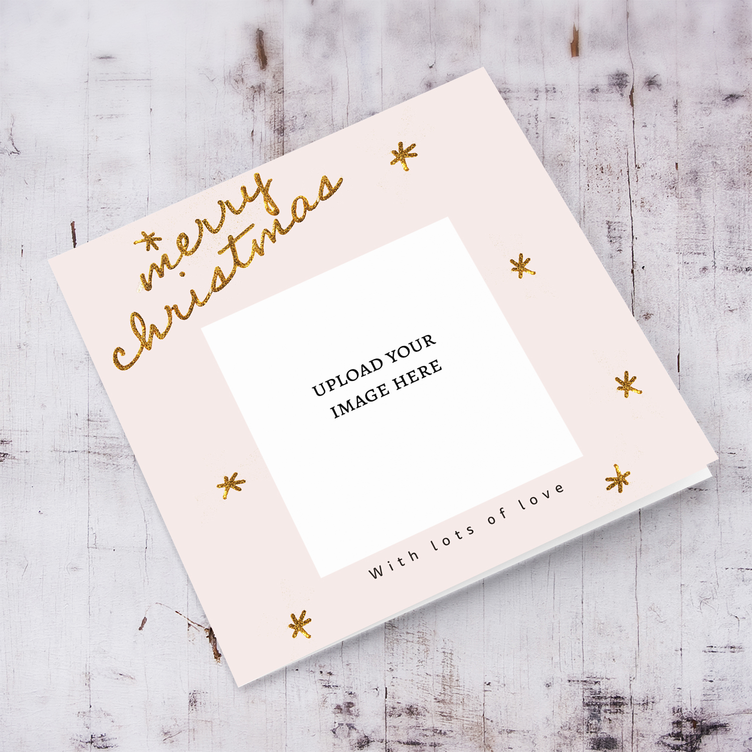 Light pink coloured photo Christmas card with golden glitter text in English 