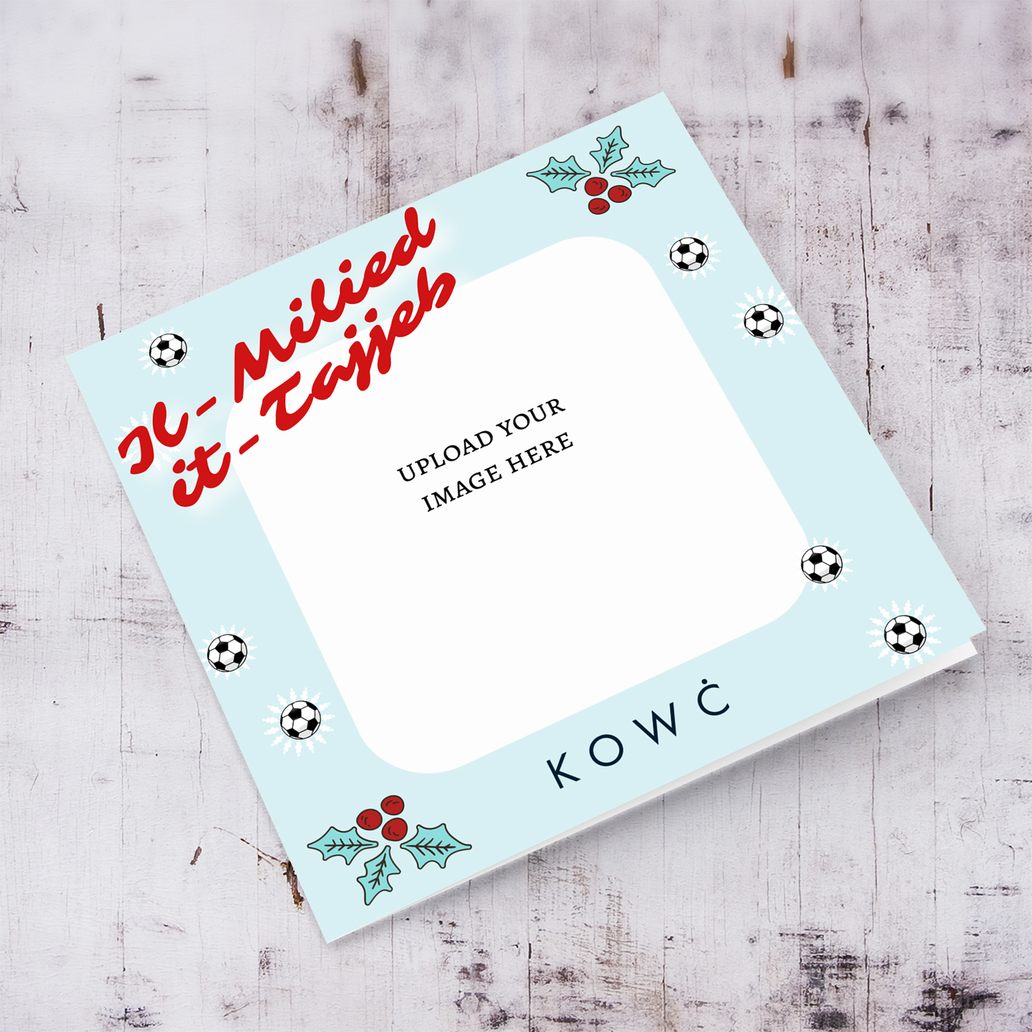 Merry Christmas photo card for coach in light blue background and red text with scattered footballs in Maltese