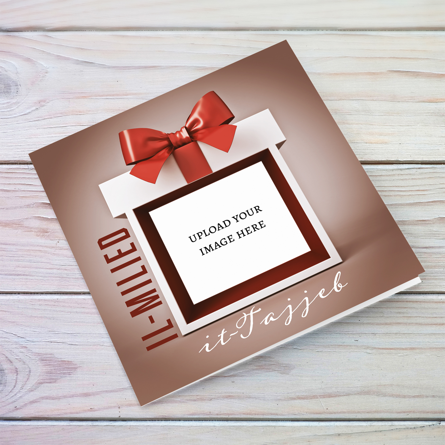 A festive open Christmas photo card featuring a gift-inspired design, beautifully wrapped present border and a big, elegant bow in Maltese