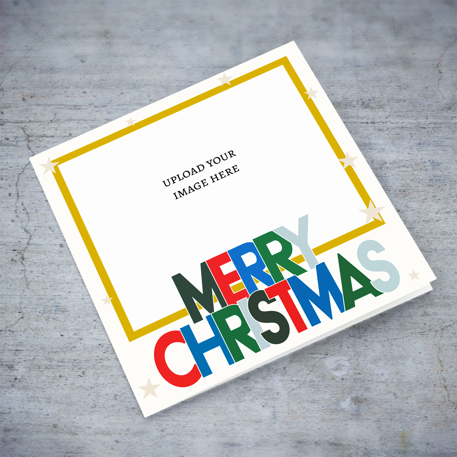 A colourful text open Christmas Card with gold border and scattered stars in English (neutral & unisex)