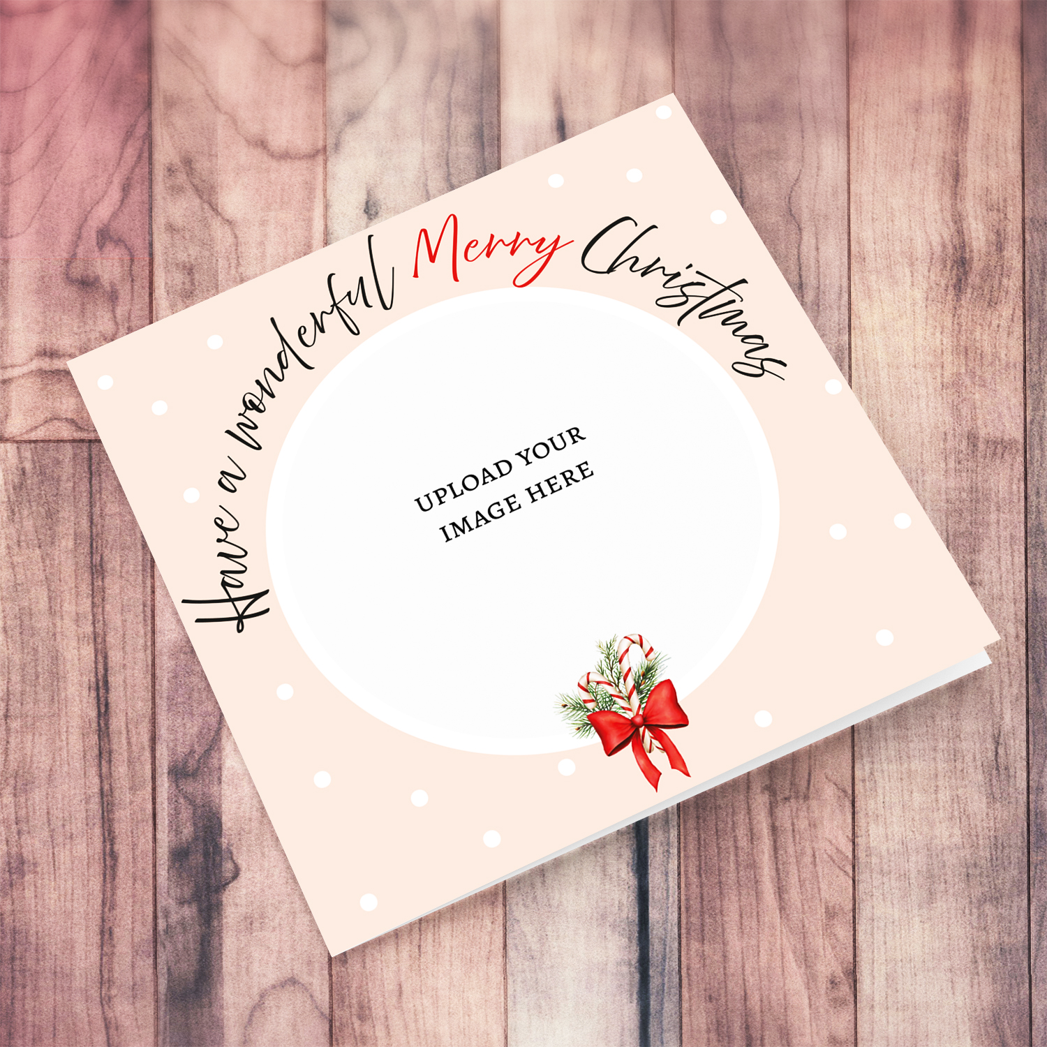 An elegant photo Christmas card in a light pastel background featuring sugar cane with red bow - Have a wonderful Merry Christmas in English 