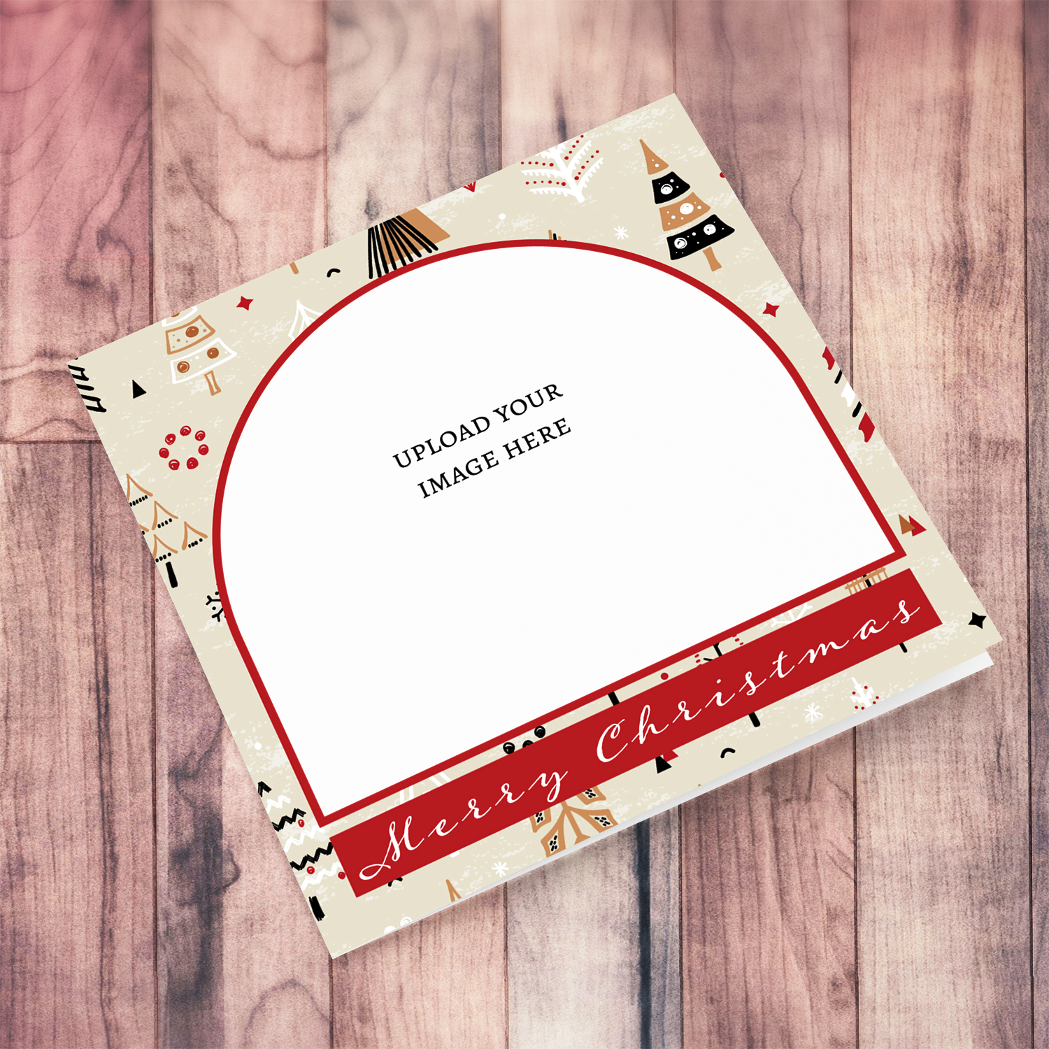 An open Christmas cards with a Christmassy background and red touches in English
