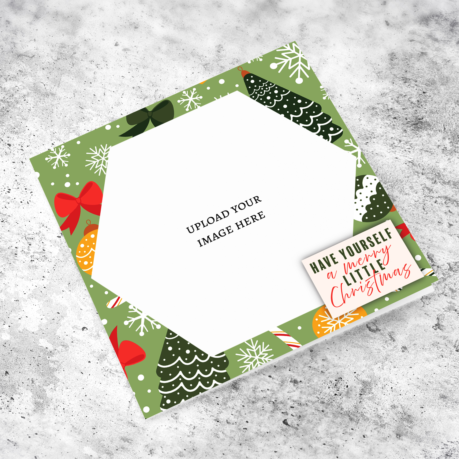 Have yourself a merry little Christmas - open photo card in joyful Christmas related background in green and red in English (Unisex & Neutral)