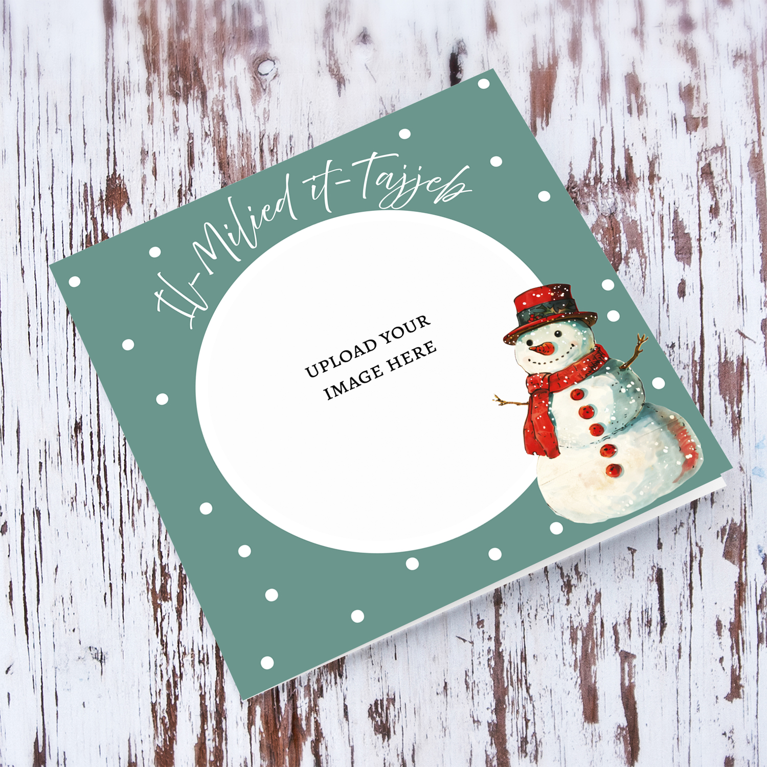 An open photo Christmas card in gray/green background, featuring a happy snowman in Maltese