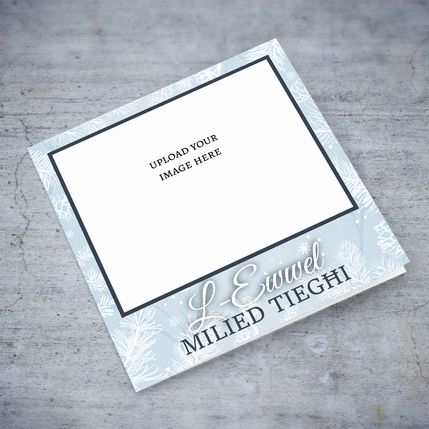 First Christmas photo greeting card in a light blue / gray background in Maltese (blank message inside)