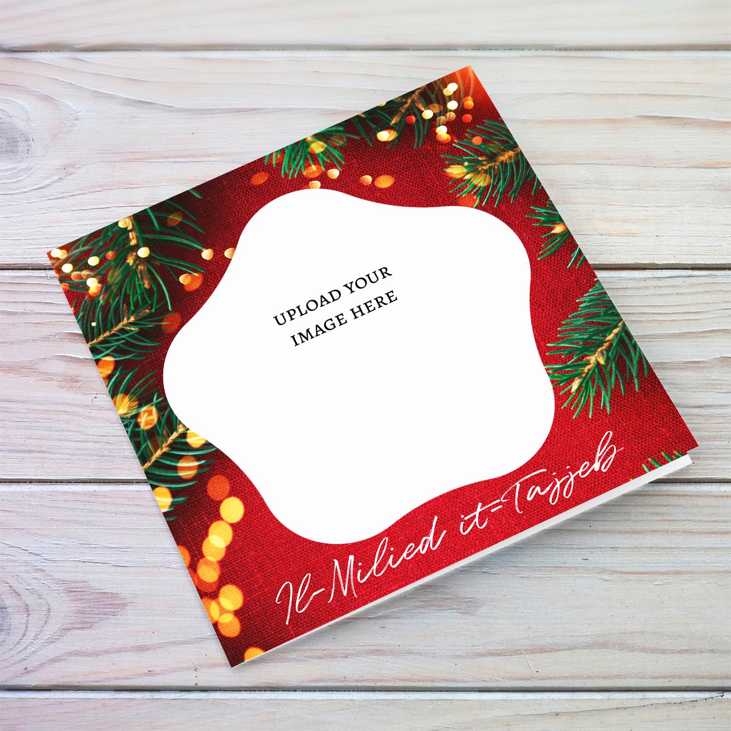 A traditional background photo Christmas card featuring a red background, tree branches and Christmas lights in Maltese