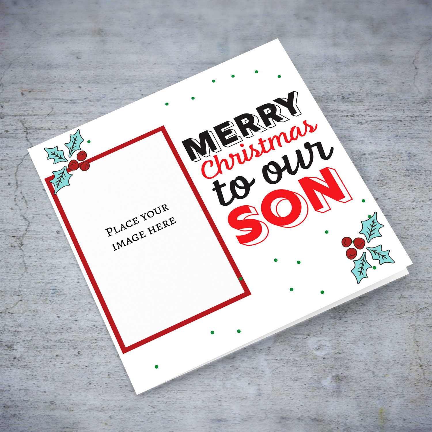 Son photo Christmas card in white background, scattered green dots and Christmas hollies in English