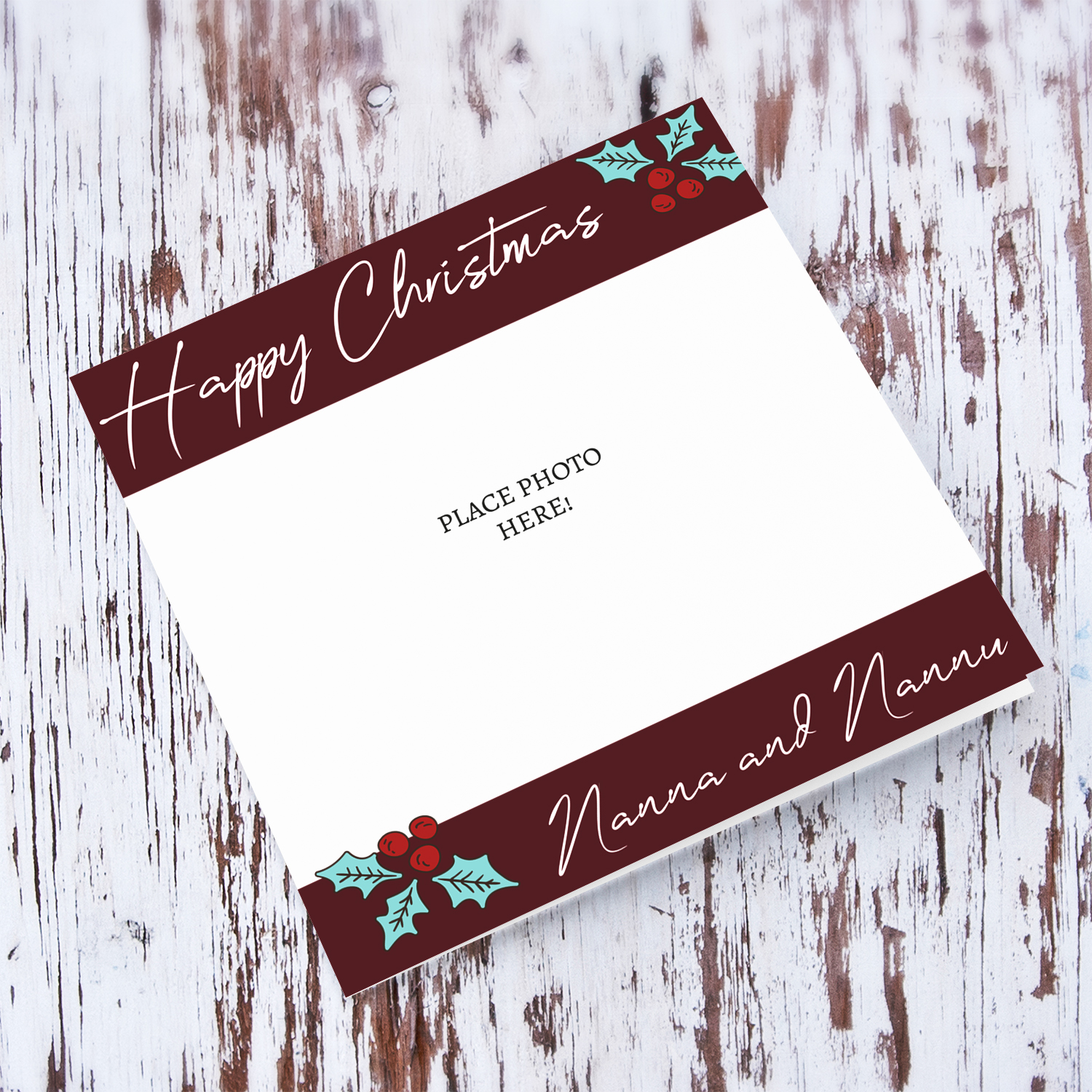 Grandparents photo christmas card with dark red banner, white text and Christmas hollies in English