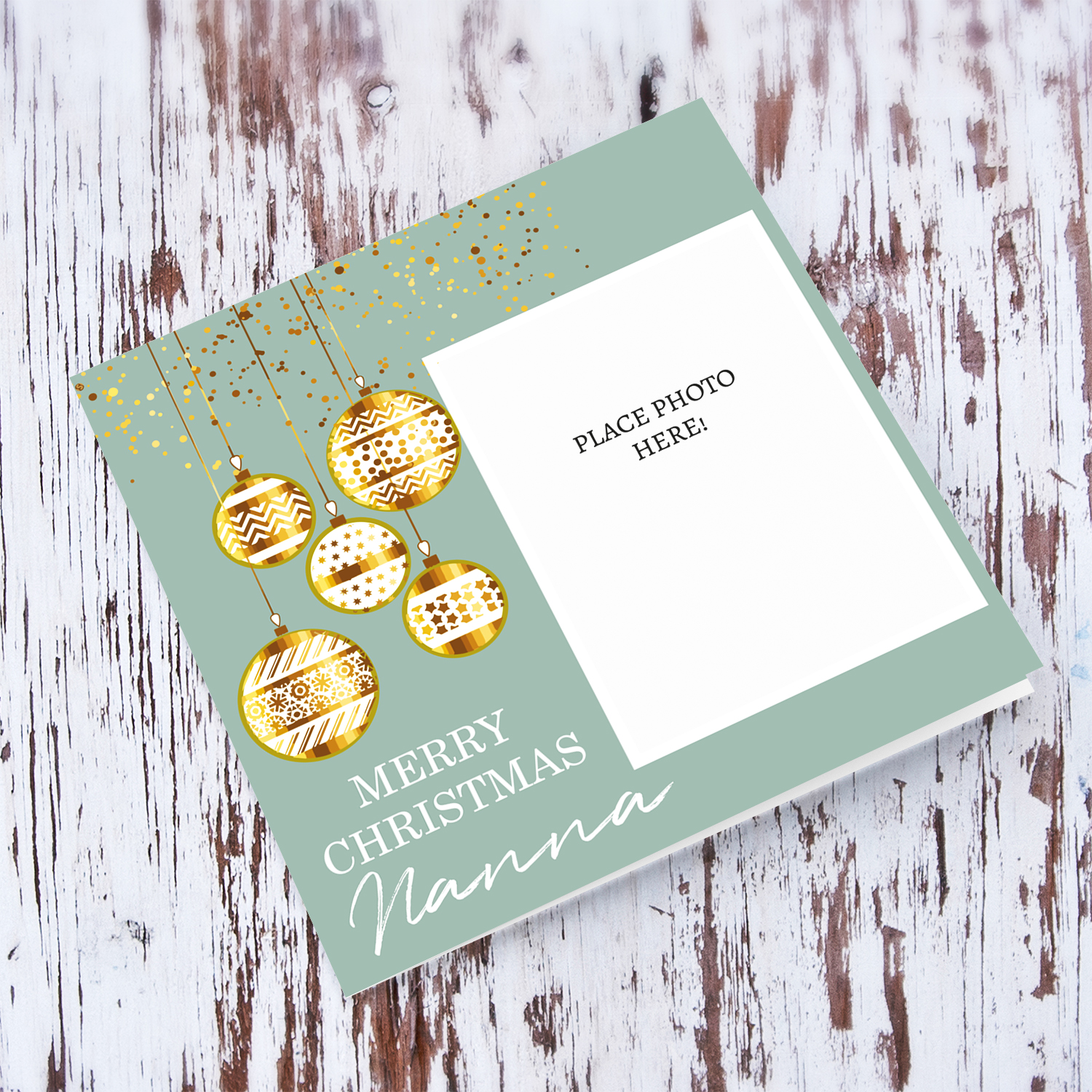 Grandma photo Christmas card in Pastel background, hanging baubles with white text in English