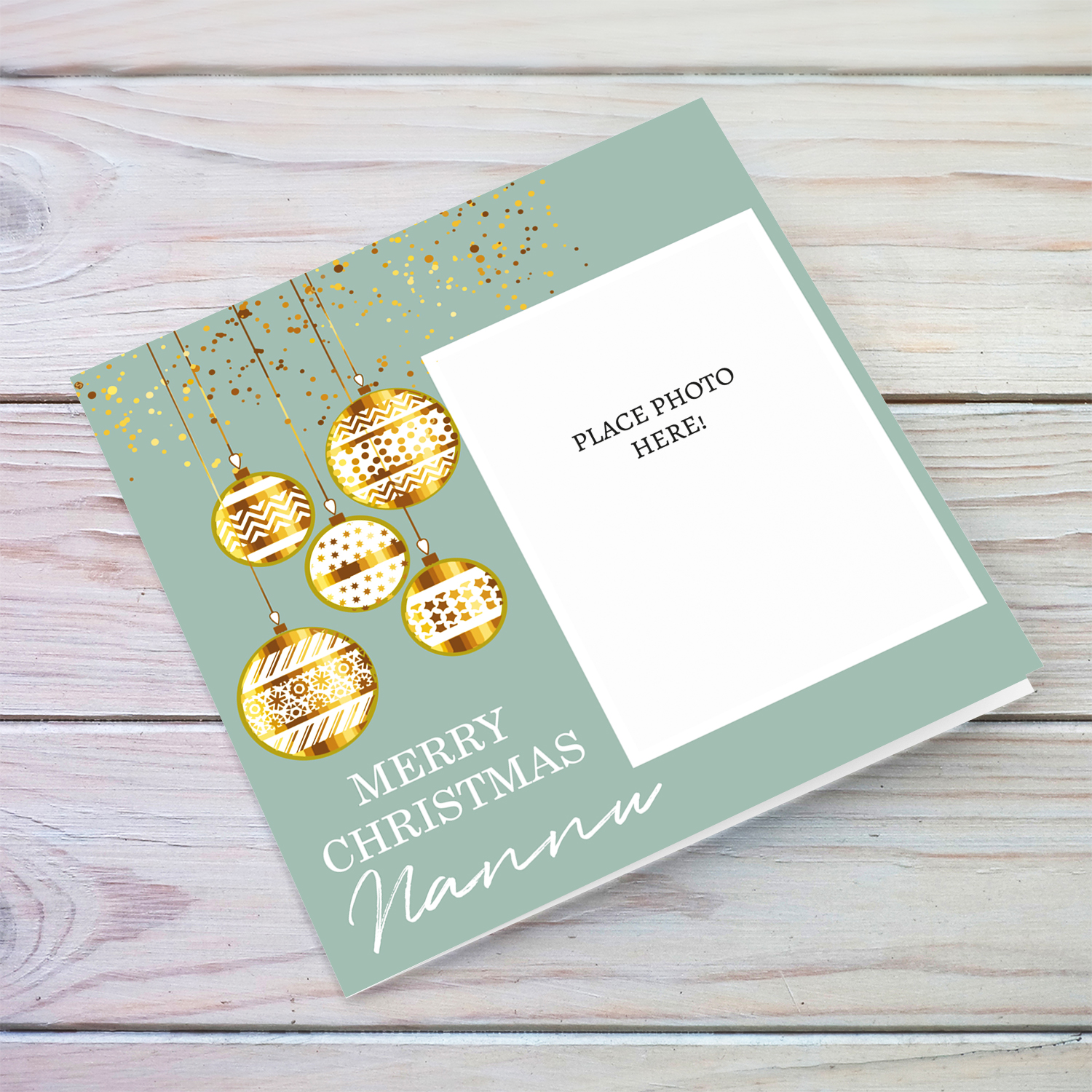 Grandpa photo Christmas card in Pastel background, hanging baubles with white text in English