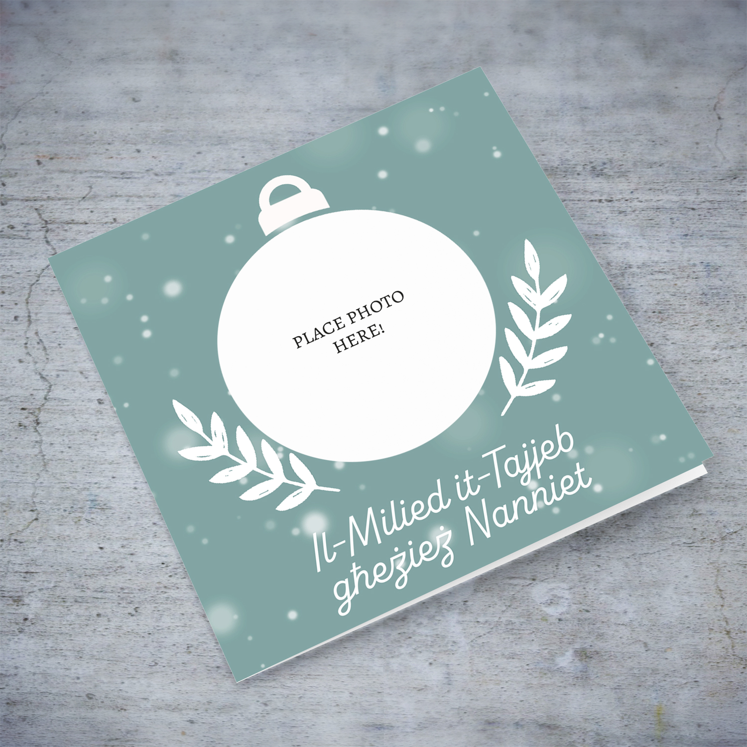 Grandparents turquoise monochrome bauble themed Christmas photo card with falling snow and white leaves in Maltese
