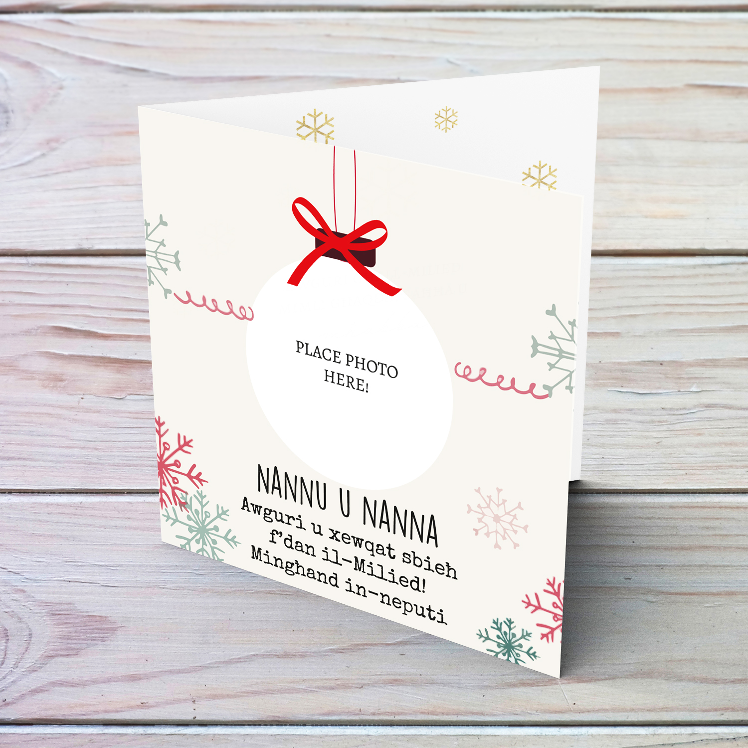 Grandparents photo Christmas card - bauble themed in Maltese from nephew