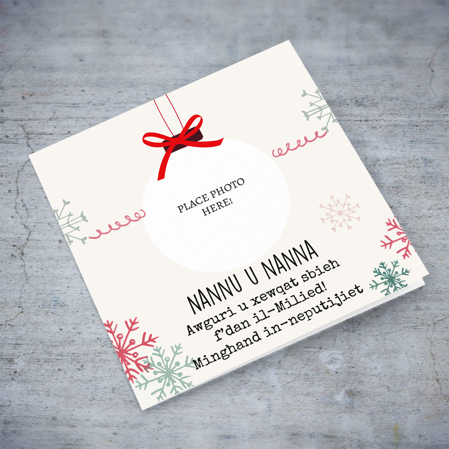 Grandparents photo Christmas card - bauble themed in Maltese from nephews & nieces (PLURAL)