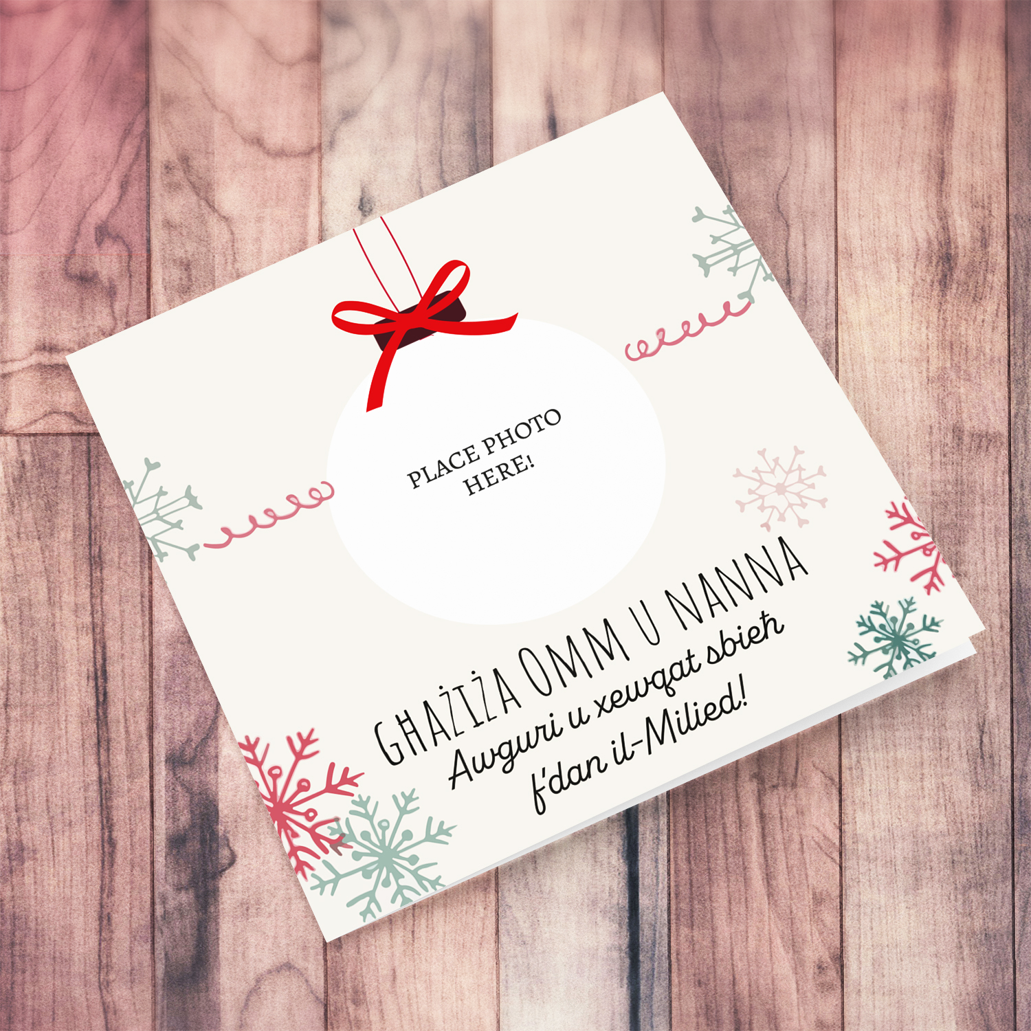 Mother and Grandma photo Christmas card - bauble themed in Maltese