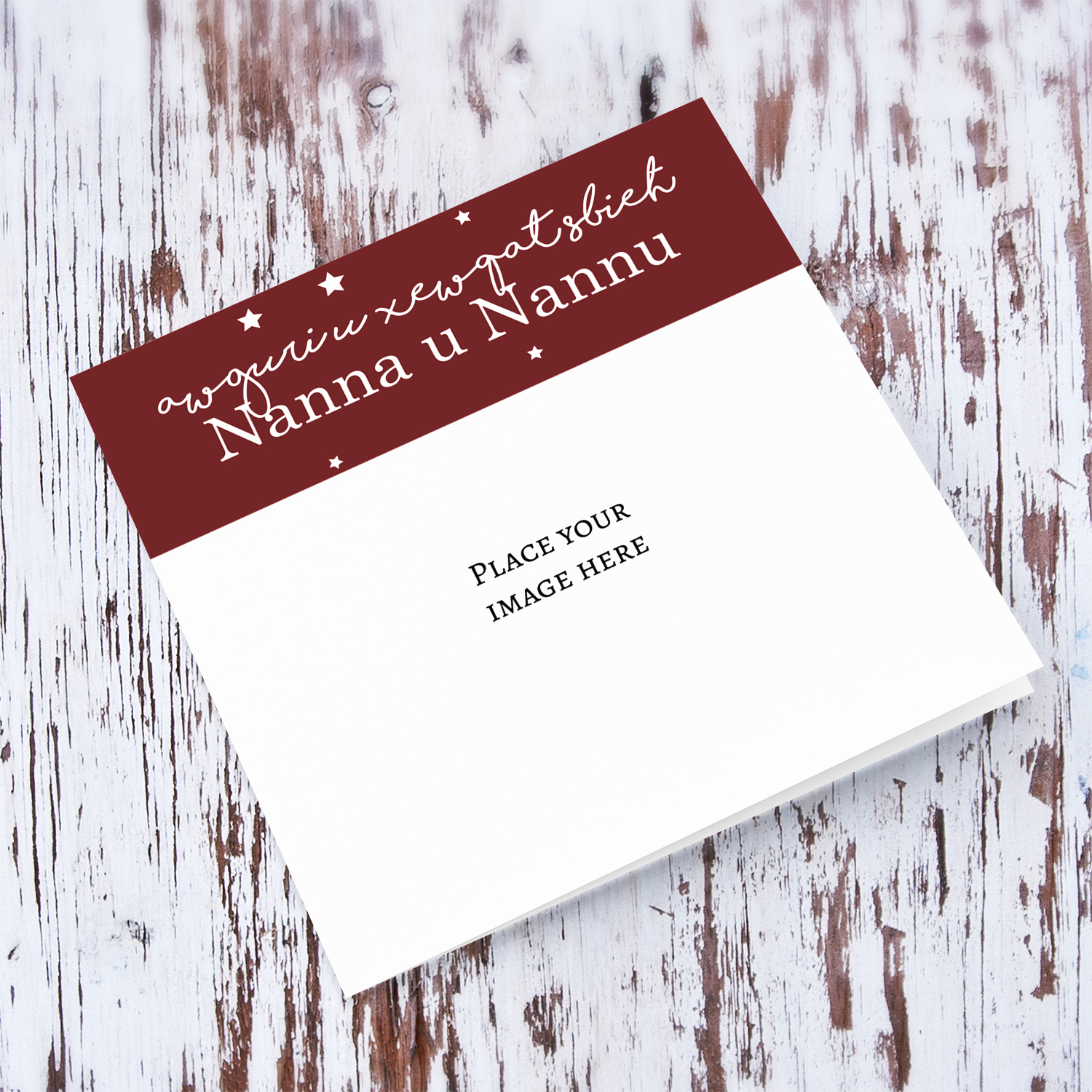 Grandparents photo Christmas card with red banner and white text in Maltese