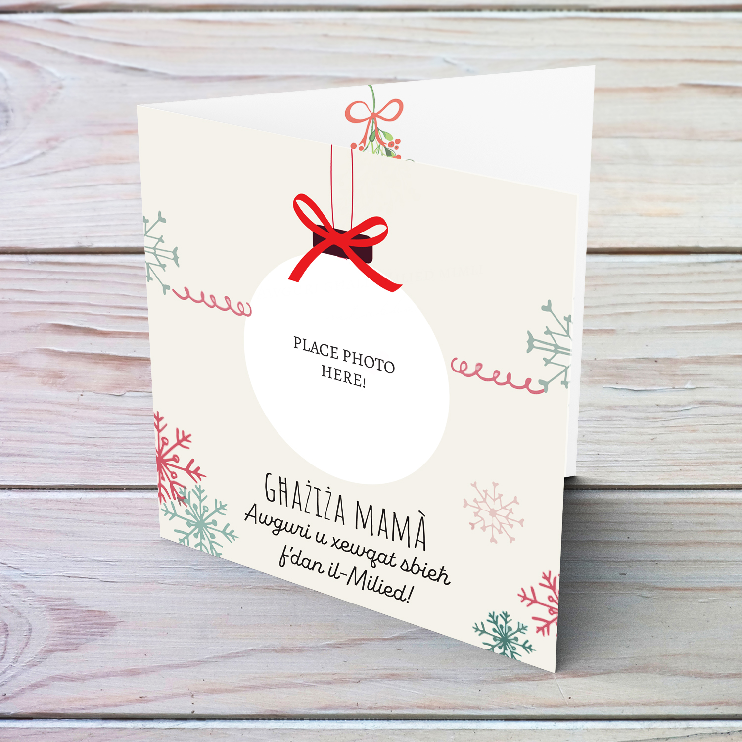 Mother photo Christmas card - bauble themed in Maltese