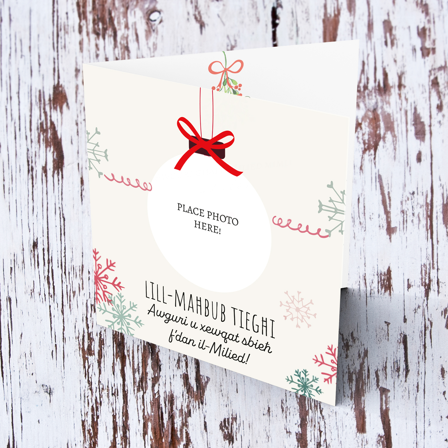 Boyfriend / Husband / Partner photo Christmas card - bauble themed in Maltese  Your Own Photo